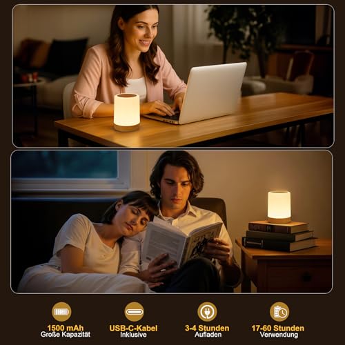 Detalle de Dorifun LED Nachttischlampe Touch Dimmbar 2er Set – Kabellos, Timer & Memory, 256 RGB Farben