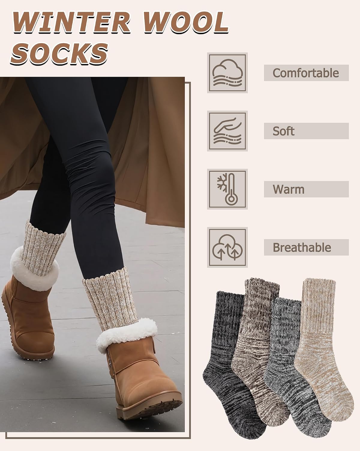 Detalle 2 de Senker Fashion Women's Wool Boot Socks, 4 Pairs, Thermal Cushion