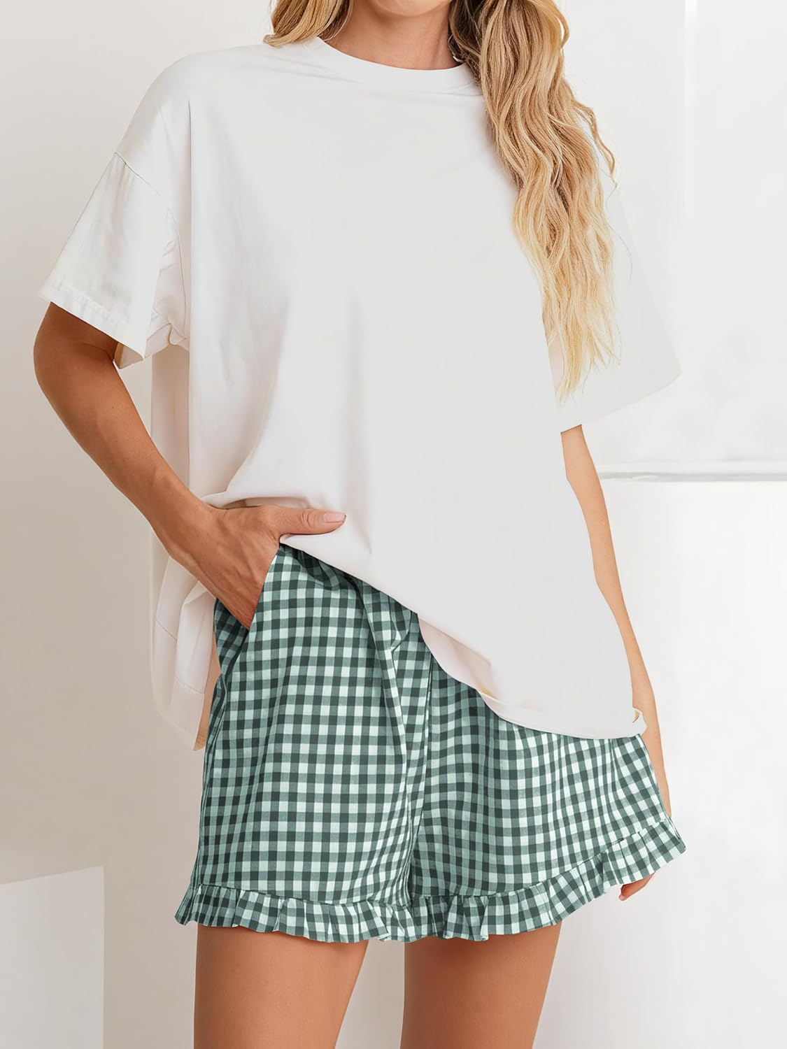 Thumbnail 5 de ANRABESS Women's Gingham Plaid Boxer Shorts with Elastic Waist and Ruffle