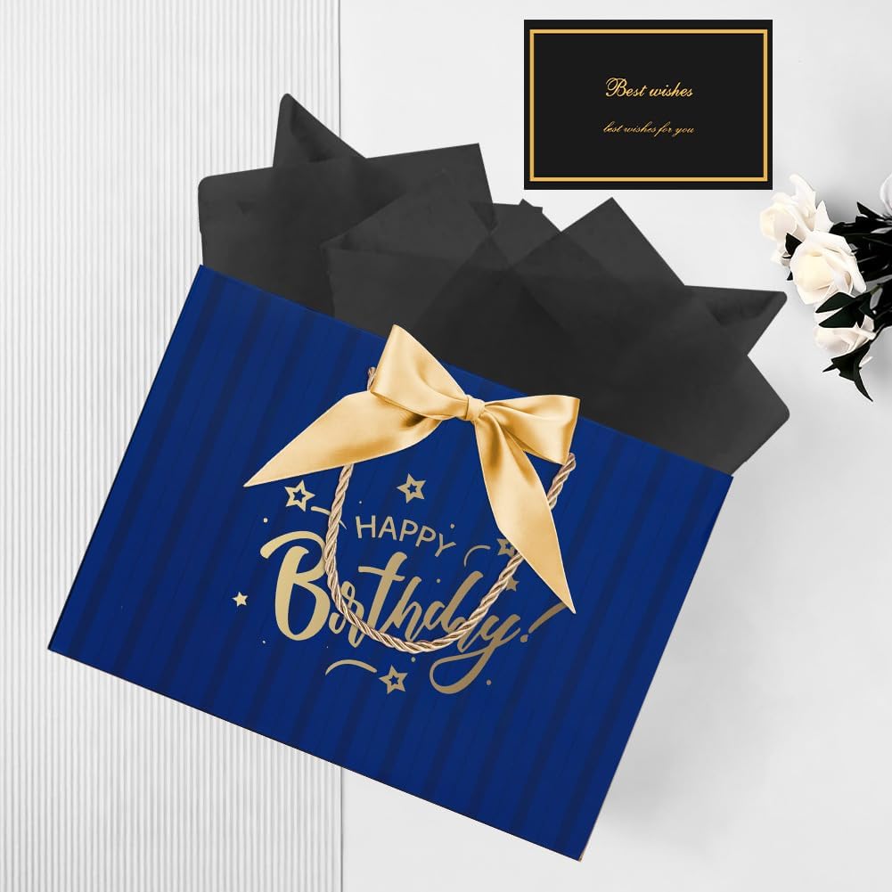 Detalle de AOOSU Geschenktüte Geburtstag – Blau, inklusive Schleife, Grußkarte & Seidenpapier (28×20×10 cm)