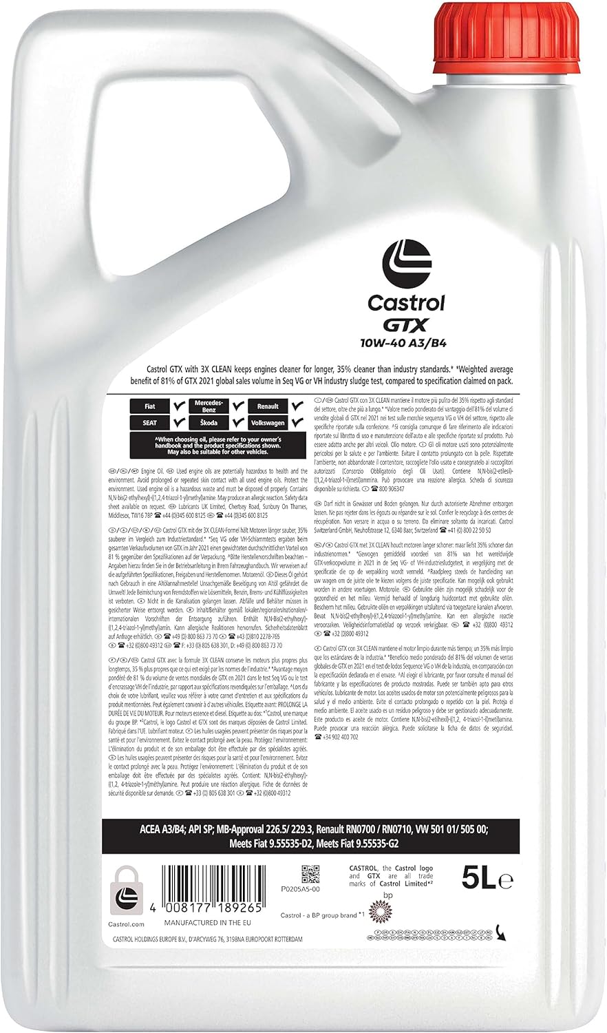 Thumbnail 1 de Castrol GTX 10W-40 A3/B4, 5L — Lubrifiant moteur polyvalent pour essence et diesel