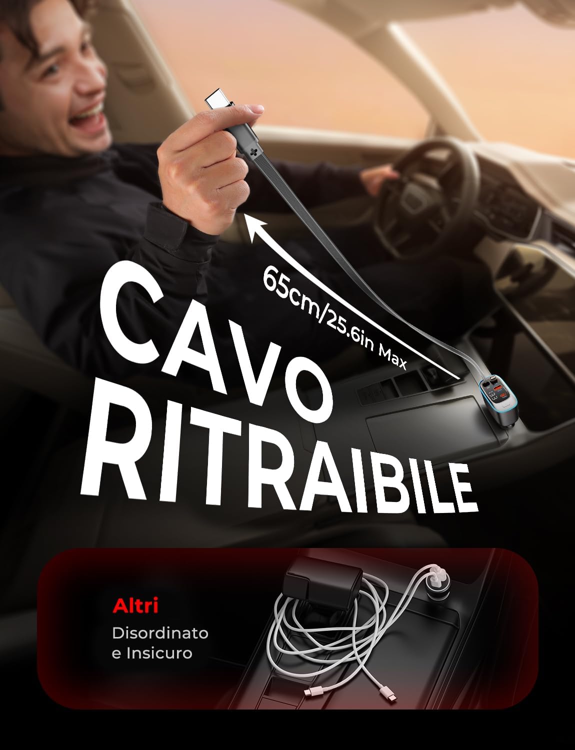 Detalle 2 de Rolgno Retrattile Caricatore Auto 72W con 4 porte USB