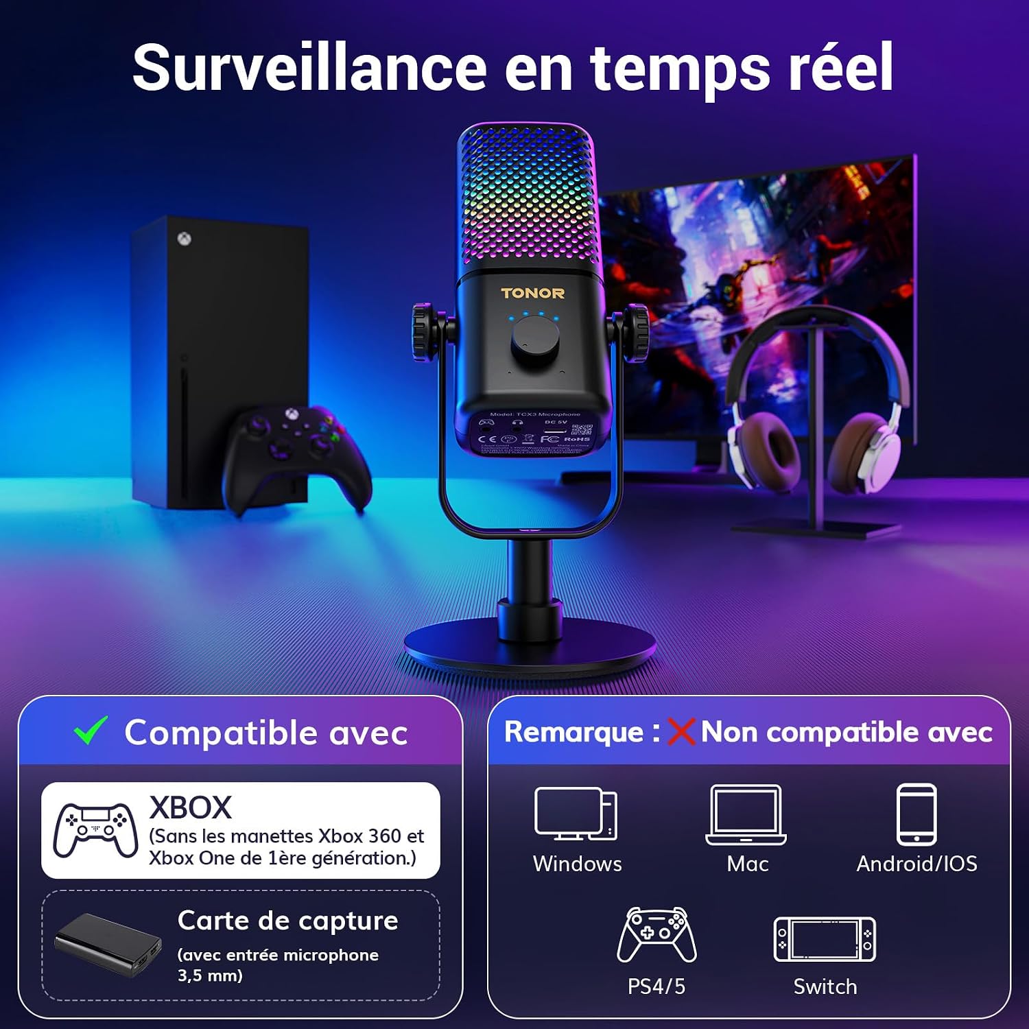 Detalle 2 de TONOR TCX3-gamingmicrofoon voor Xbox met RGB en tot 30 uur batterijduur
