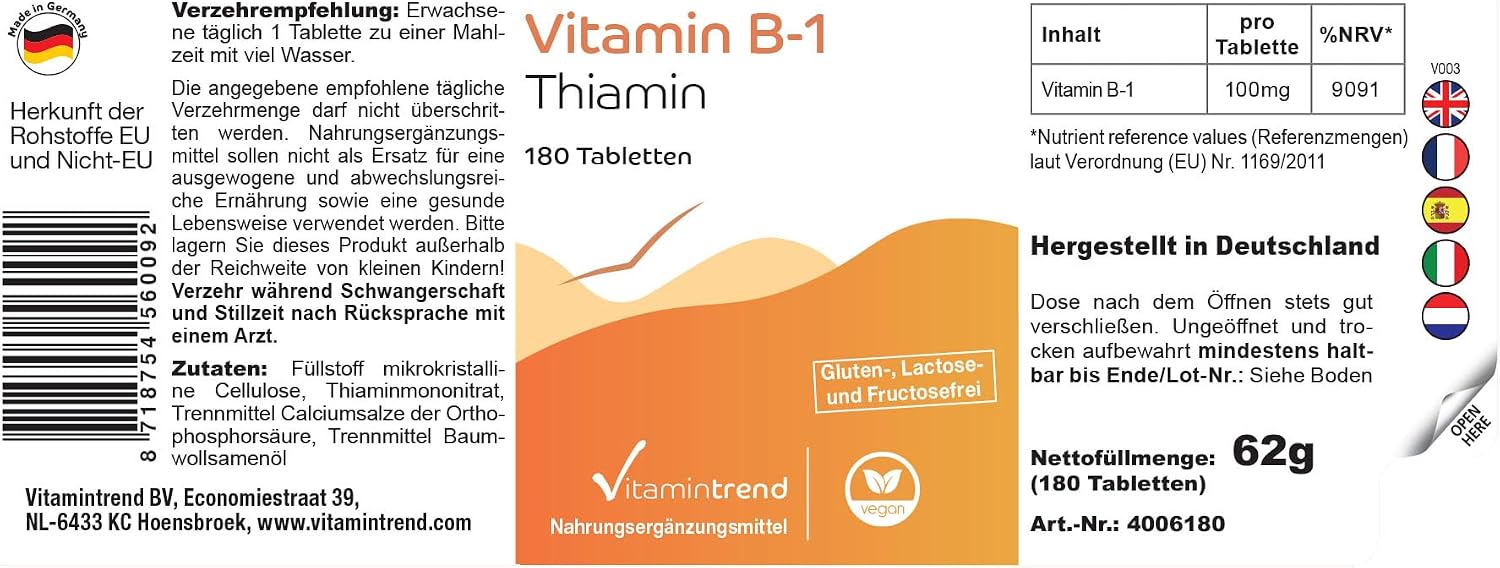 Detalle 2 de Vitamintrend Vitamin B1 hochdosiert 100 mg – VEGAN, 180 Tabletten, hergestellt in Deutschland
