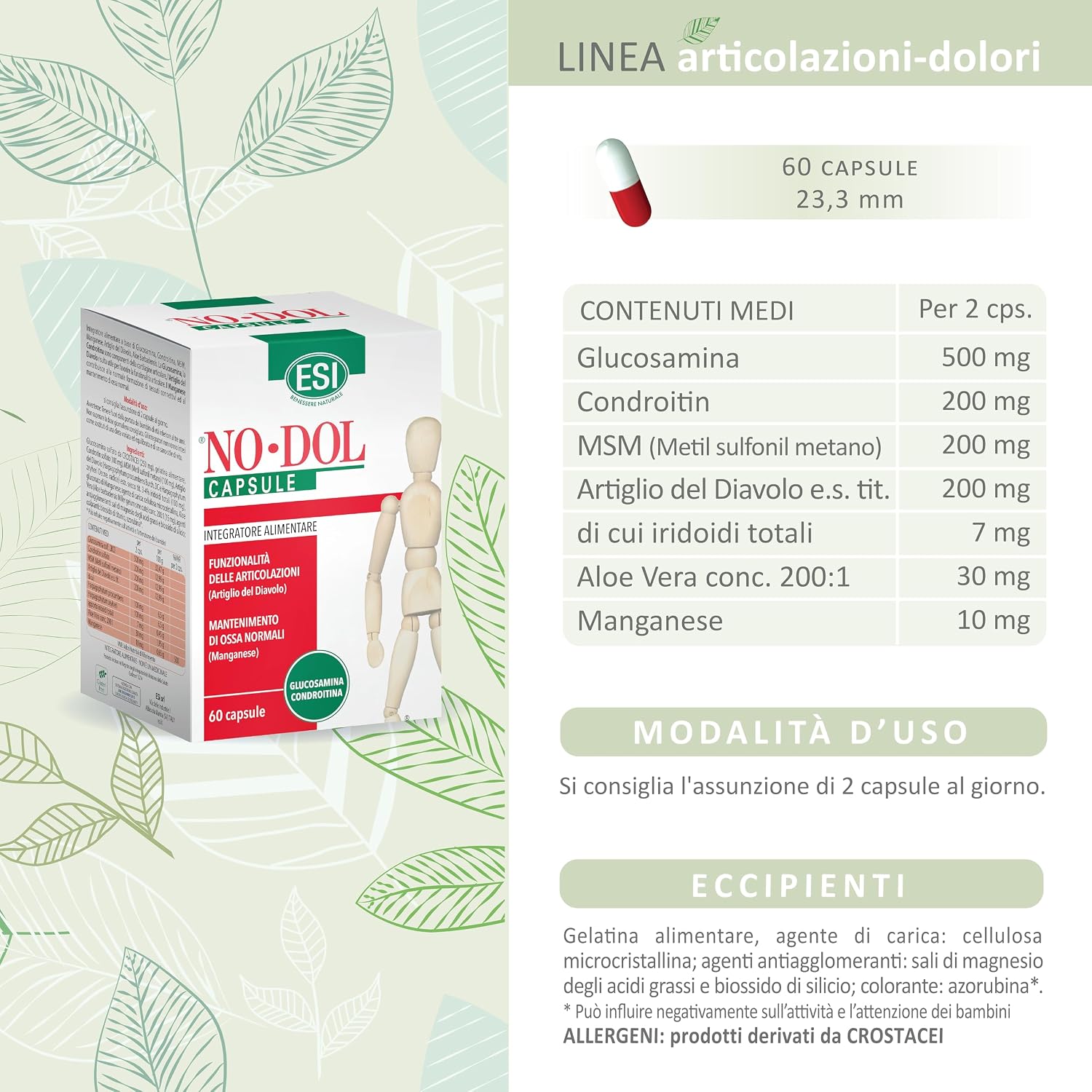 Detalle de No-Dol Capsule ESI 60 Capsule: integratore articulazioni con glucosamina, manganese e Artiglio del Diavolo