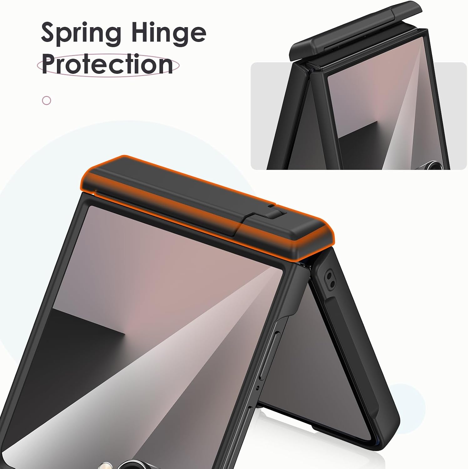 Detalle de HWeggo Case for Galaxy Z Flip 7: hinge protection, built‑in screen protector and hidden kickstand