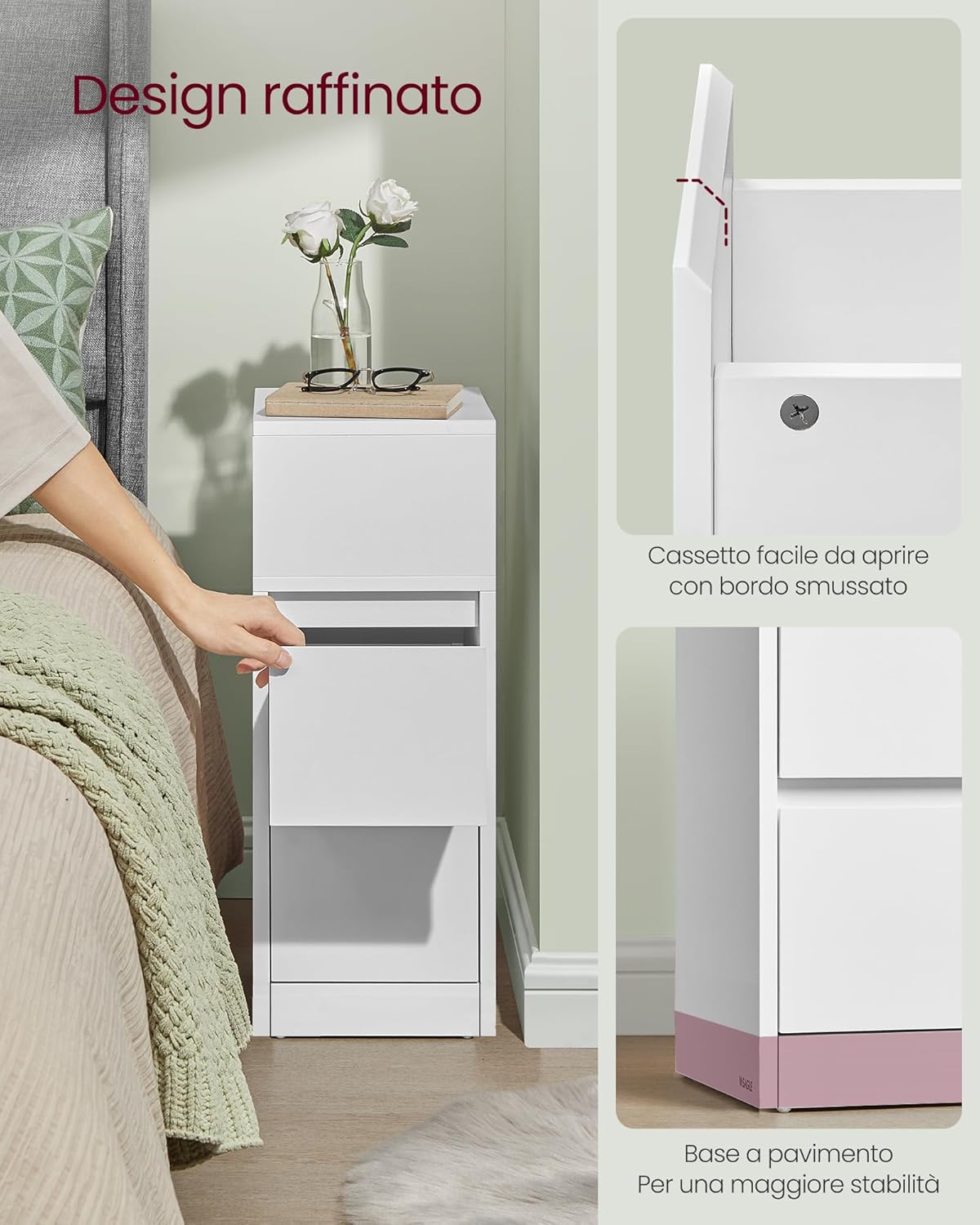 Detalle 2 de VASAGLE KAILYN LET656W01 comodino stretto moderno con 2 cassetti e scomparto