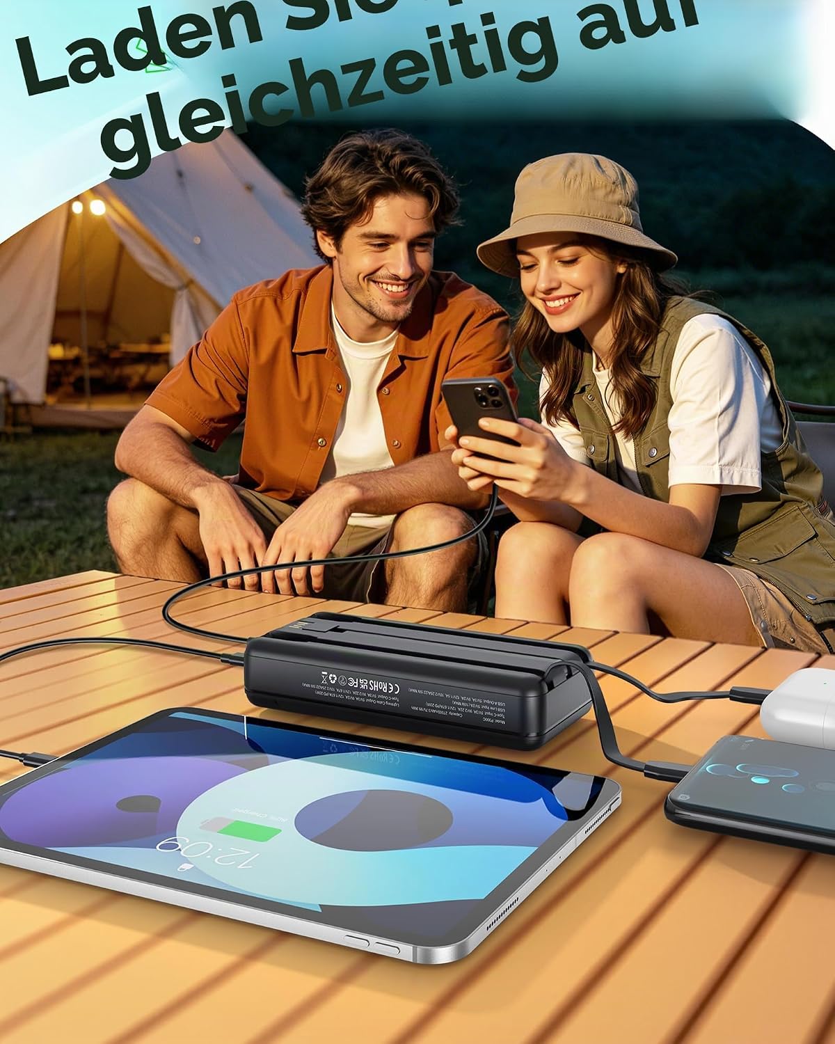 Detalle de Power Bank 27000mAh – USB‑C PD 20W, 4 Ausgänge, 3 Eingänge, LCD Display – kompatibel mit iPhone 17 Serie