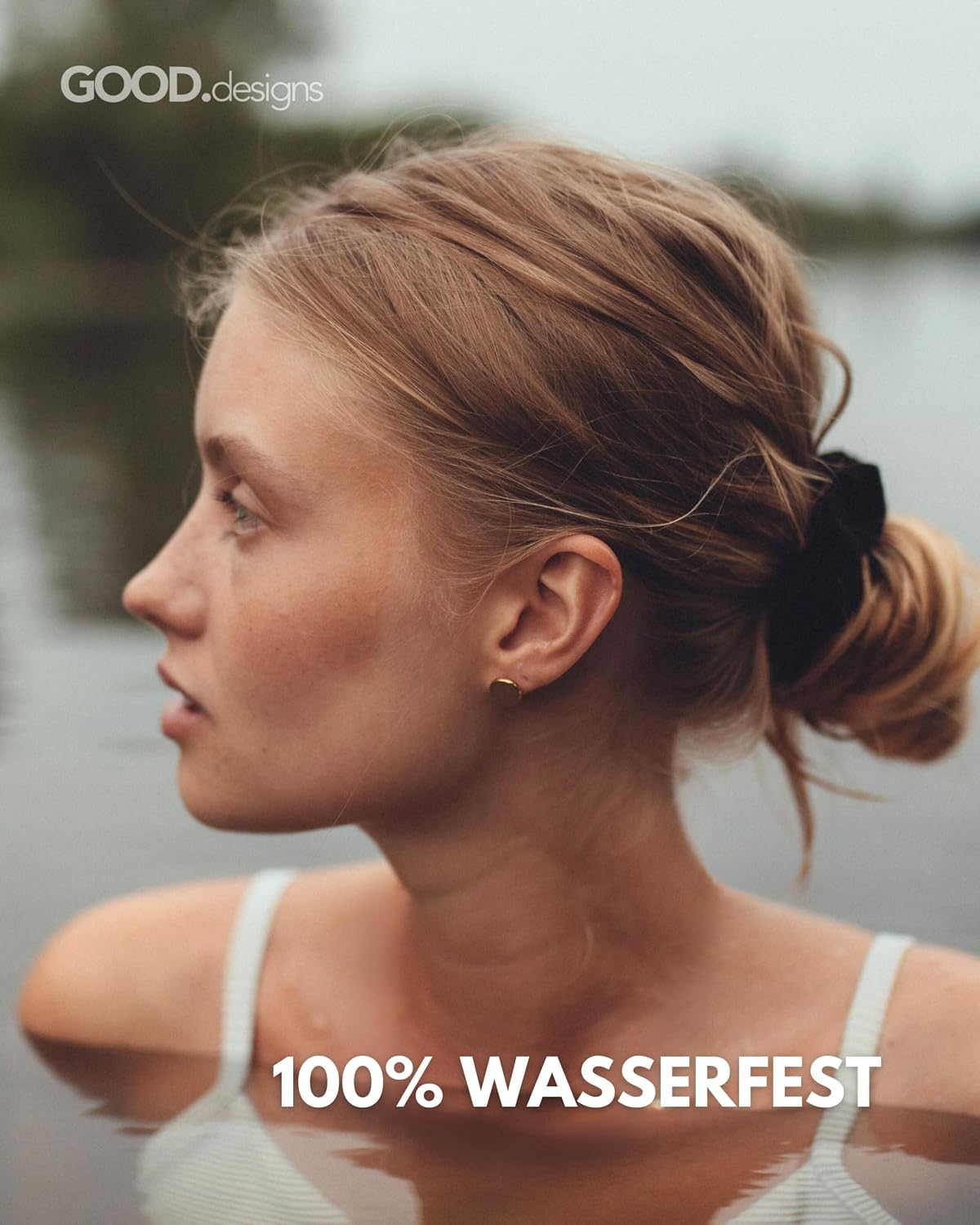Detalle de Ohrringe rund für Damen – Wasserfest, flache Knopfstecker aus Edelstahl in Geschenkbox