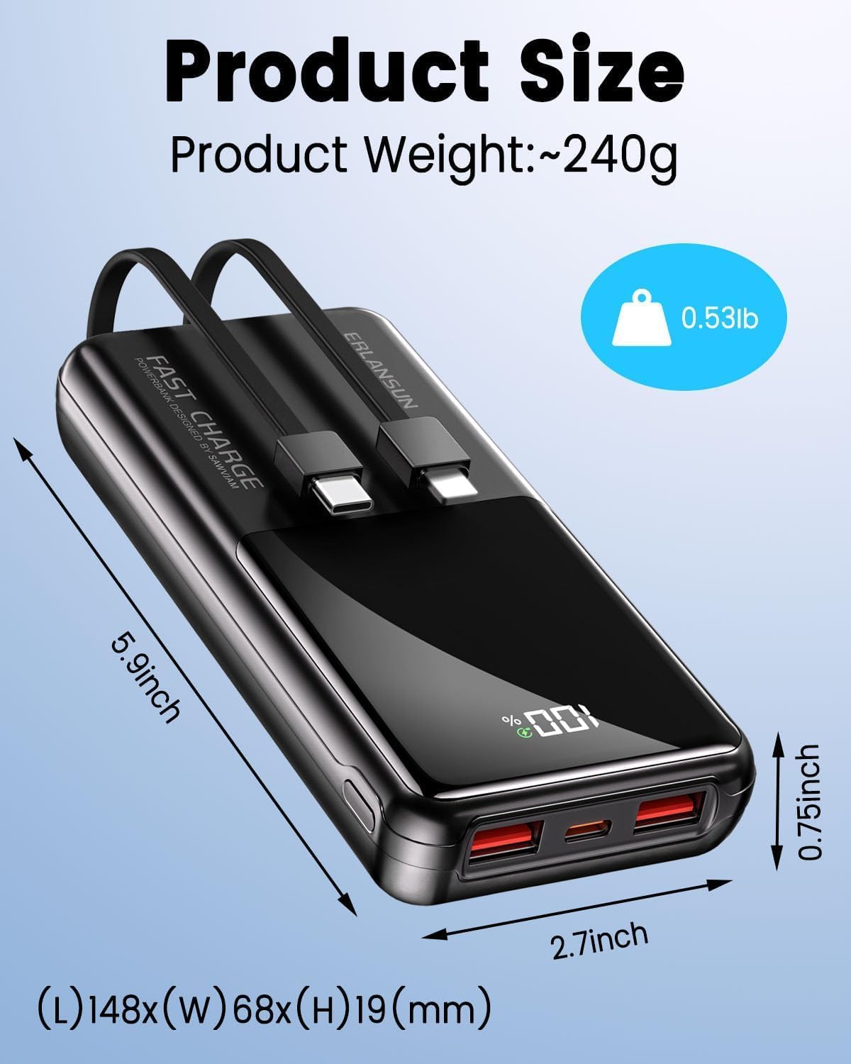Detalle de Power Bank Fast Charging 20000mAh by Yixiugo – 22.5W Portable Charger with Built-in Cables and LCD