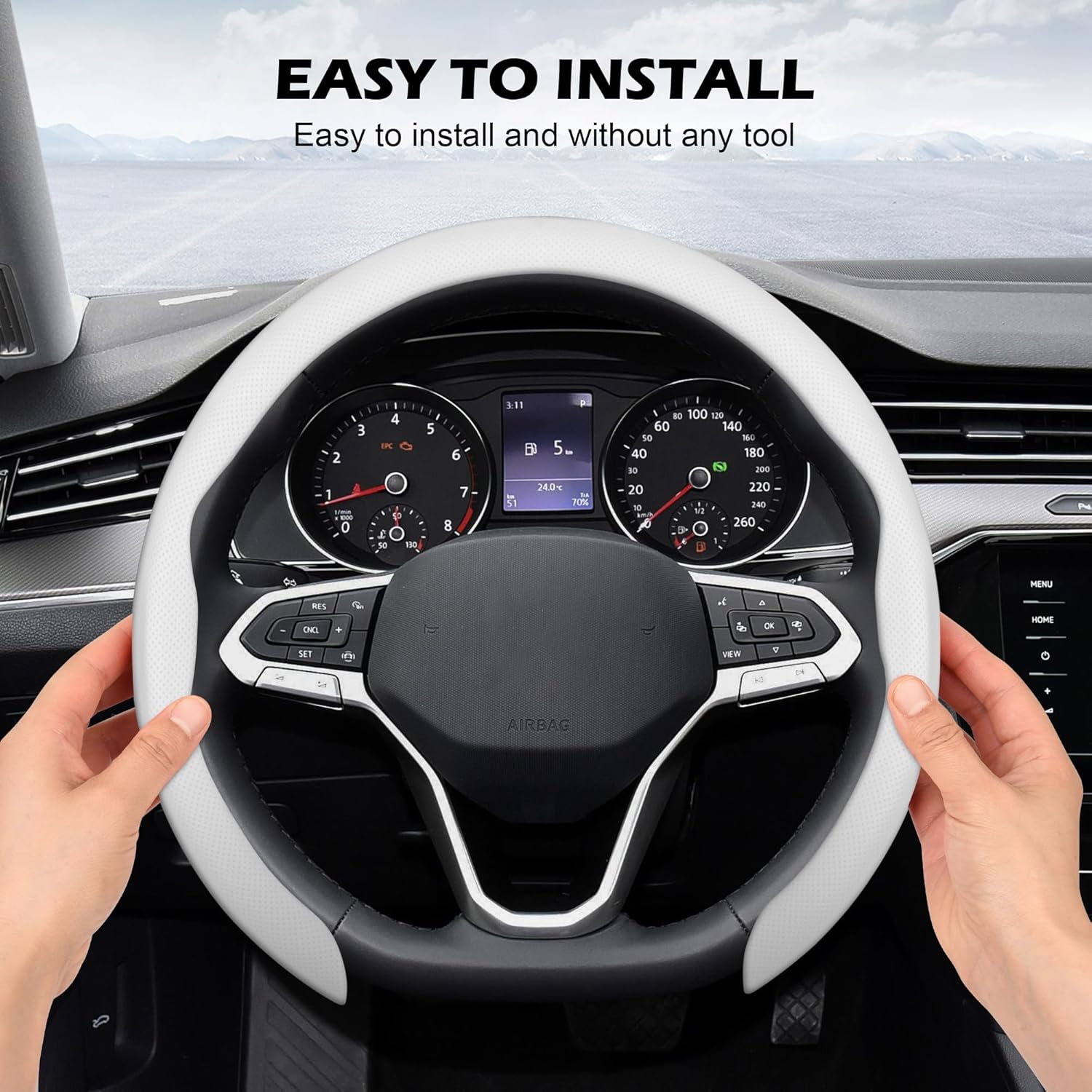 Thumbnail 2 de Frani Nappa Leather Steering Wheel Cover — Universal 15 Inch, Premium Non-Slip Comfort Grip