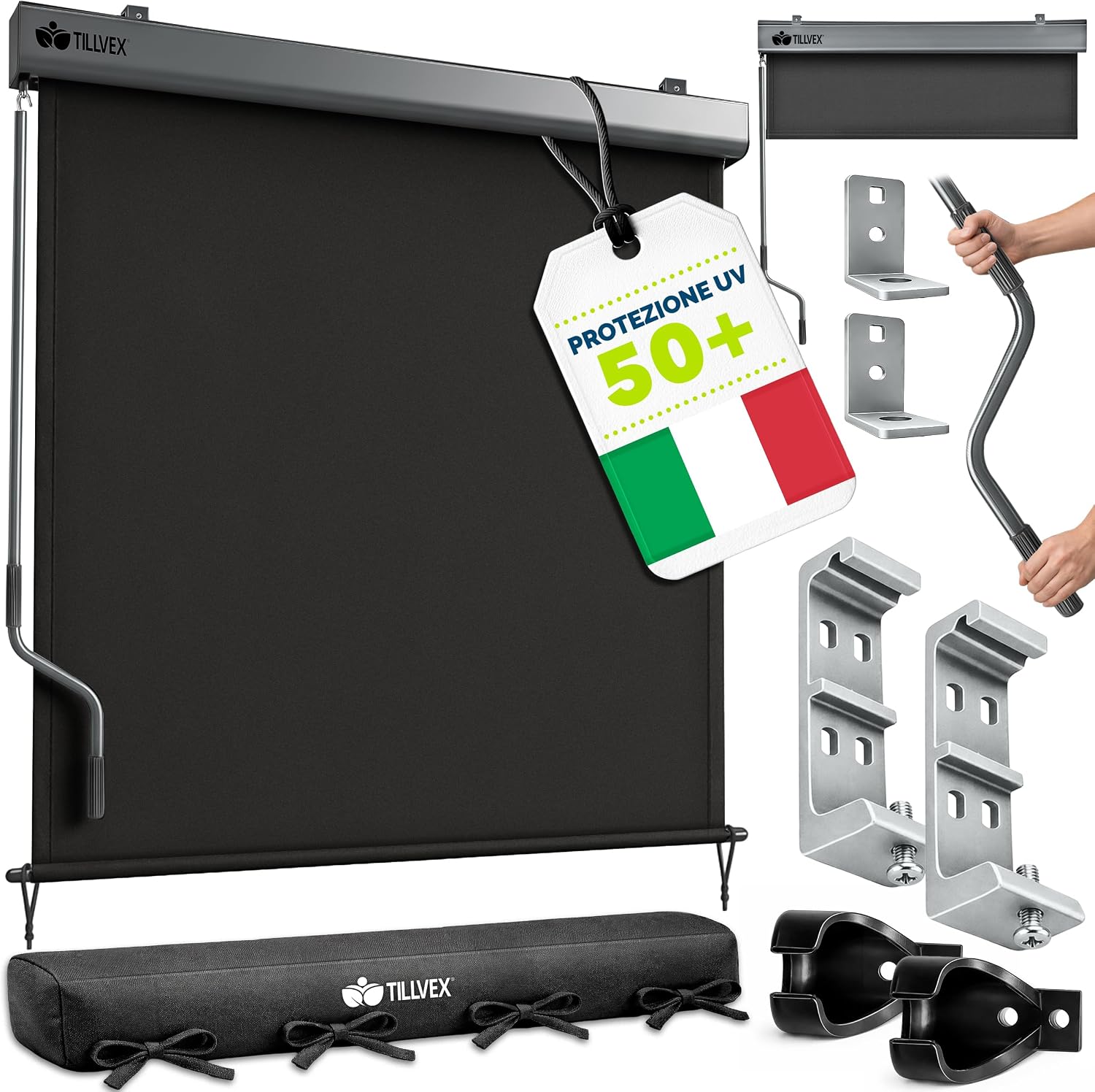 Detalle de tillvex Tenda da sole verticale 140 x 250 cm Nero – impermeabile, con manovella, per balcone e giardino