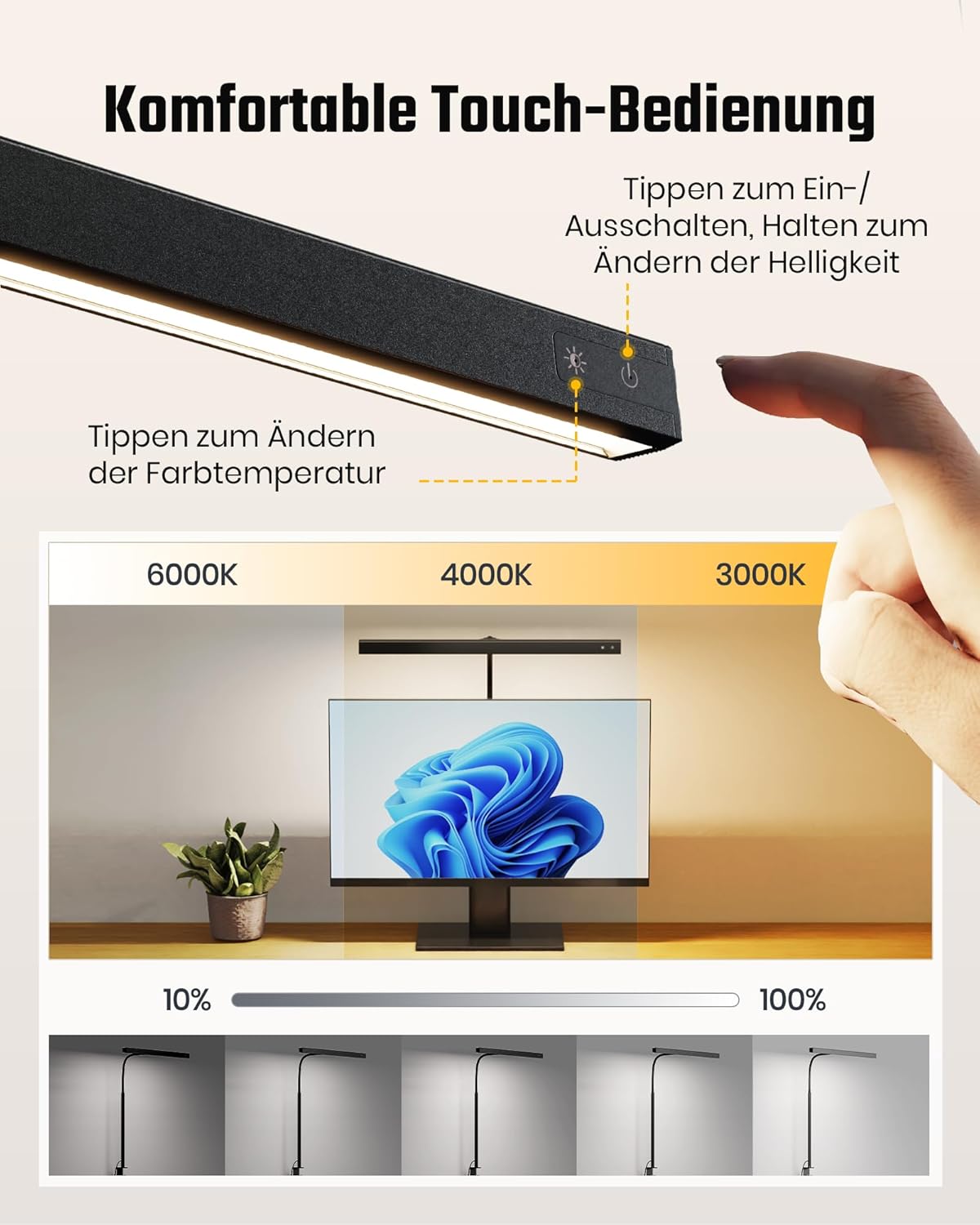 Detalle de RIXGLEAM LED-Schreibtischlampe dimmbar, klemmbar mit 45°-Streuwinkel und Schwanenhals für Homeoffice