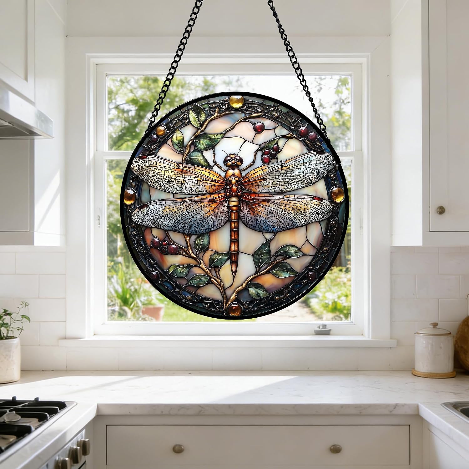 Detalle 1 de DASTOLL Dragonfly Stained Glass Suncatcher, 9.8-Inch Hanging Window Decor