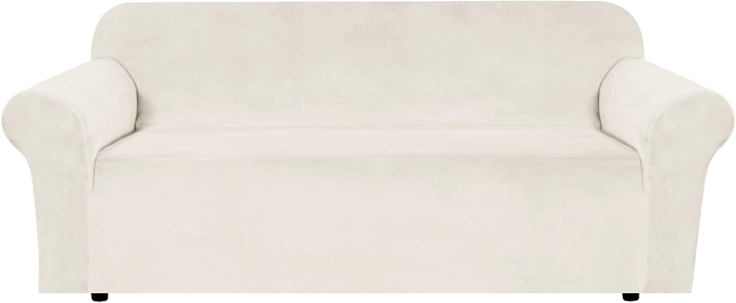 Detalle de H.VERSAILTEX Stretch Velvet Sofa Cover, 3-Seater, Cream, 72"–90