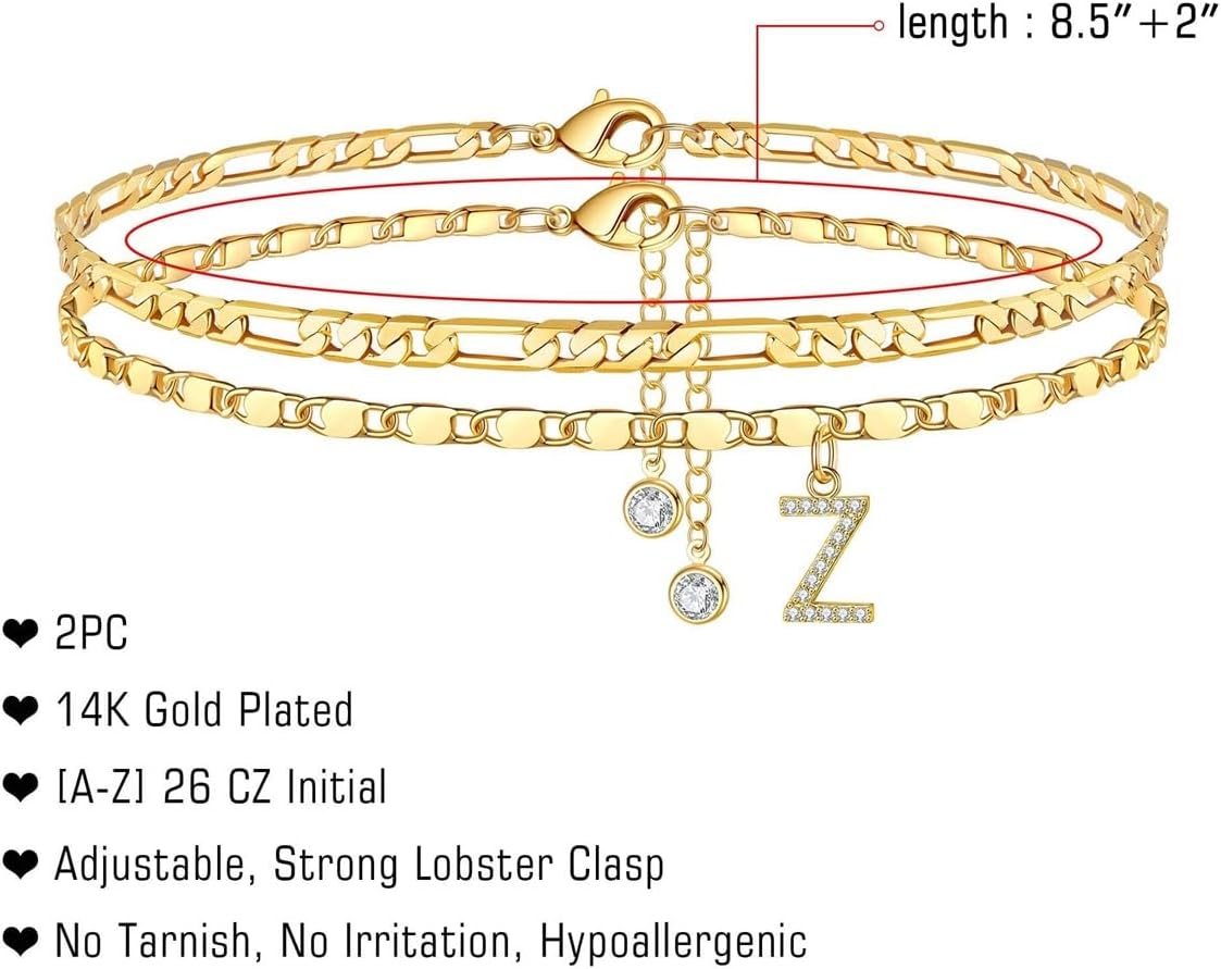 Detalle de TINGN Bracelet de cheville femme plaqué or 14 carats avec initiales et chaîne double, taille ajustable