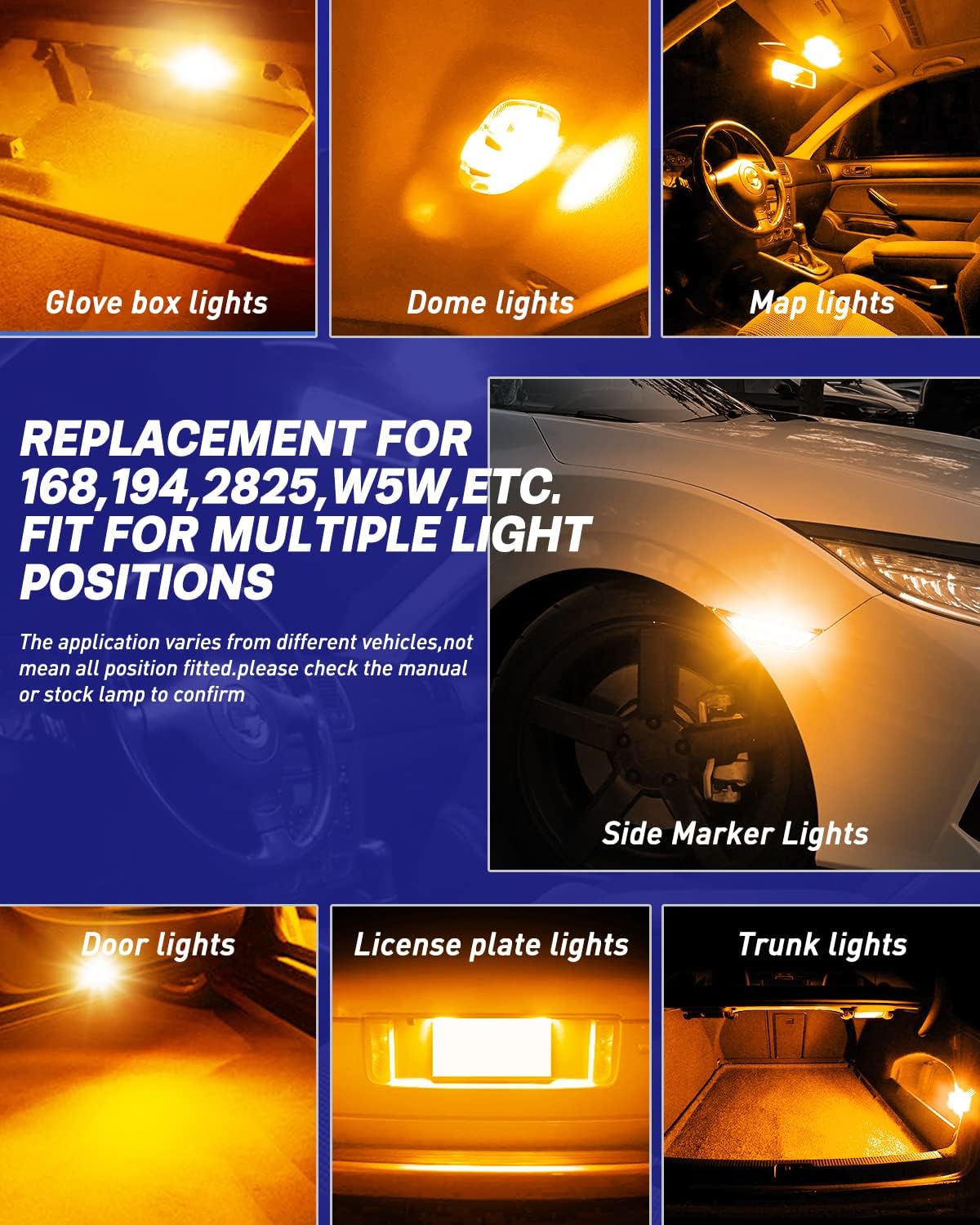 Detalle 2 de AUTOONE 194 T10 LED Bulbs, Amber Yellow, 360° Lighting, Pack of 2