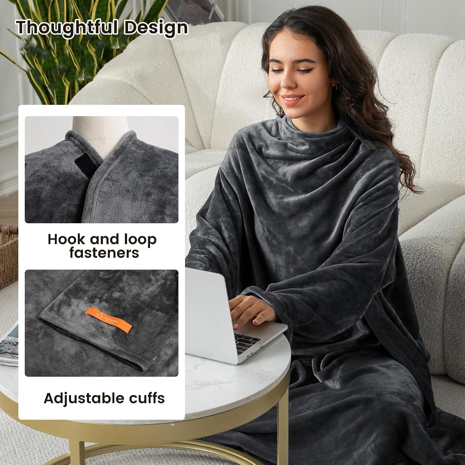 Thumbnail 4 de Winthome Grey Wearable Blanket with Sleeves, Flannel, 55.1" x 70.8