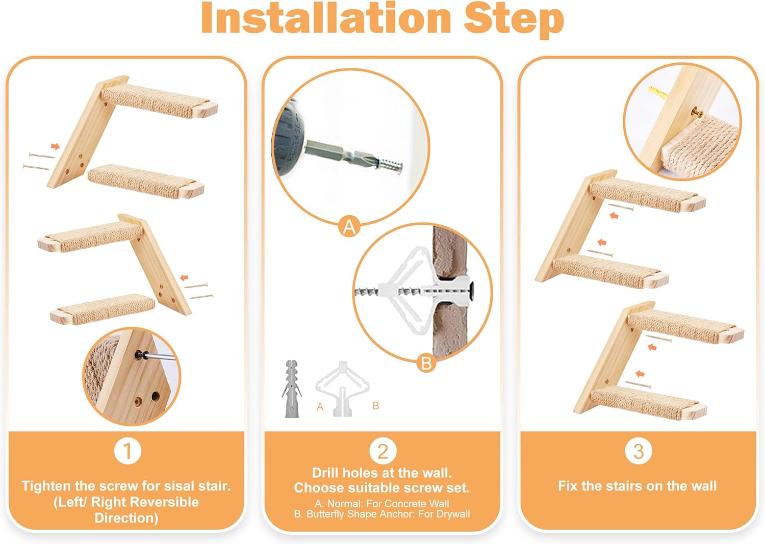 Thumbnail 5 de Cat Climbing Shelves wall mounted cat furniture set with wooden cats and 2 steps