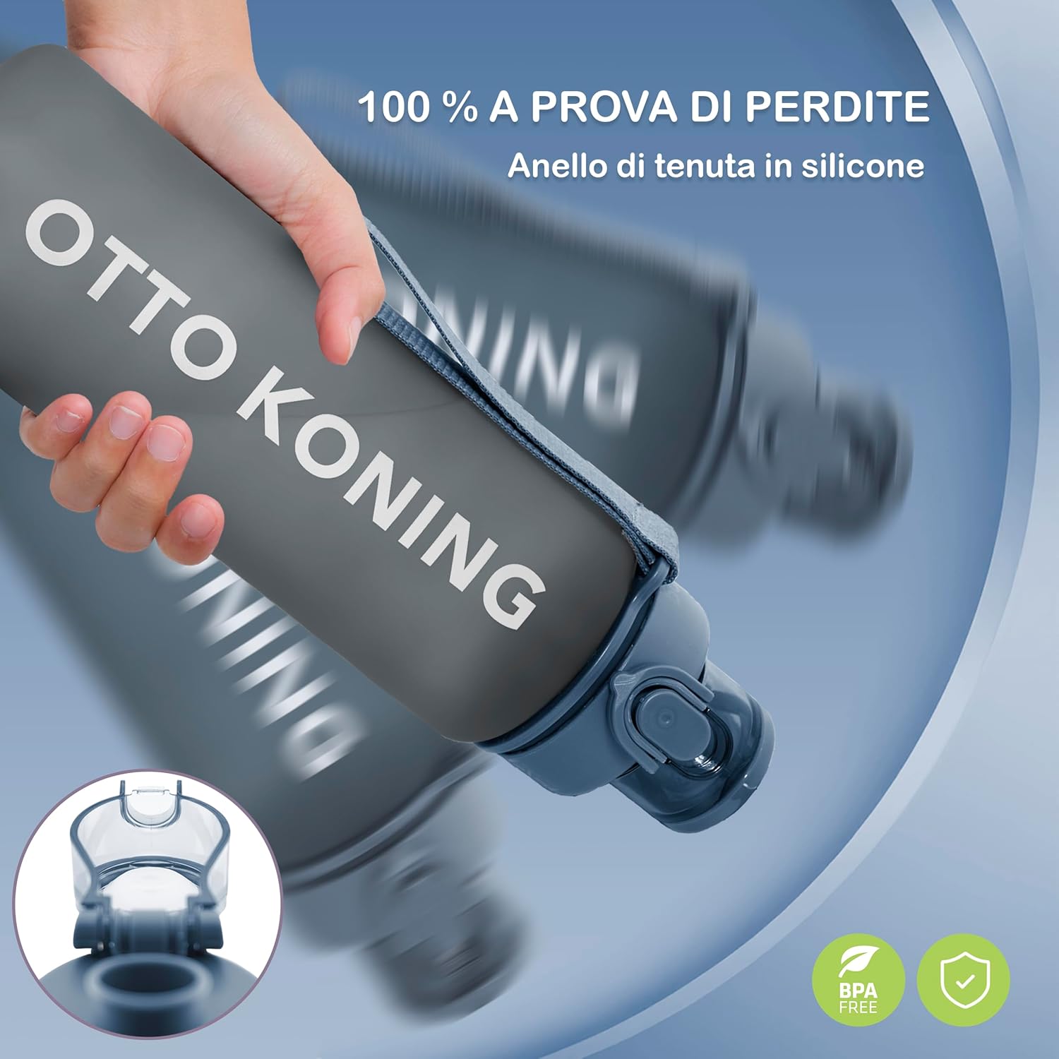 Detalle de Otto Koning Borraccia 1 Litro – Borraccia Palestra Antigoccia, BPA Free, Apertura con Pulsante e Spazzola Inclusa