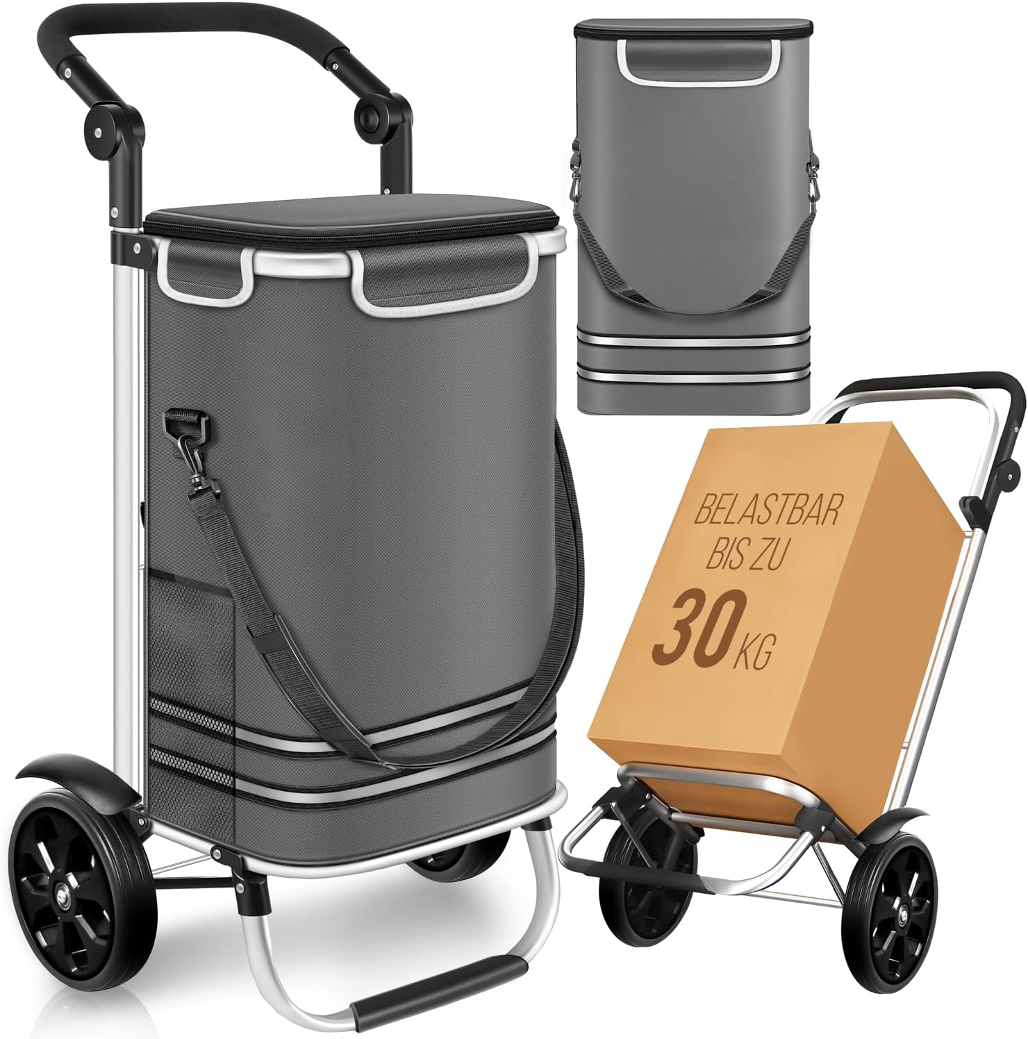 Dimono Chariot de Courses Trolley Pliable 3 en 1 – 56 L avec compartiment réfrigéré, gris