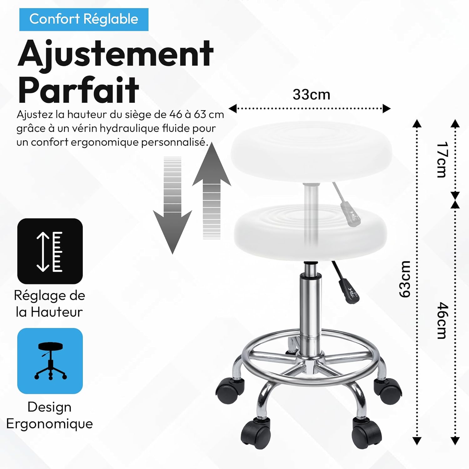 Thumbnail 1 de GOODS+GADGETS Ergonomie tabouret de travail enroulable pivotant, hauteur réglable (blanc)