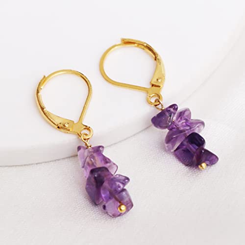 Detalle de Gempires Amethyst Chip Leverback Hoop Earrings – 14K Yellow Gold Plated Handmade Gemstone Hoops