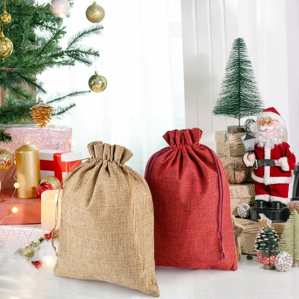 Detalle de PLECUPE 30Pcs Sac Toile de Jute – Pochette 20x30 cm Bordeaux avec Cordon en Ficelle de Chanvre