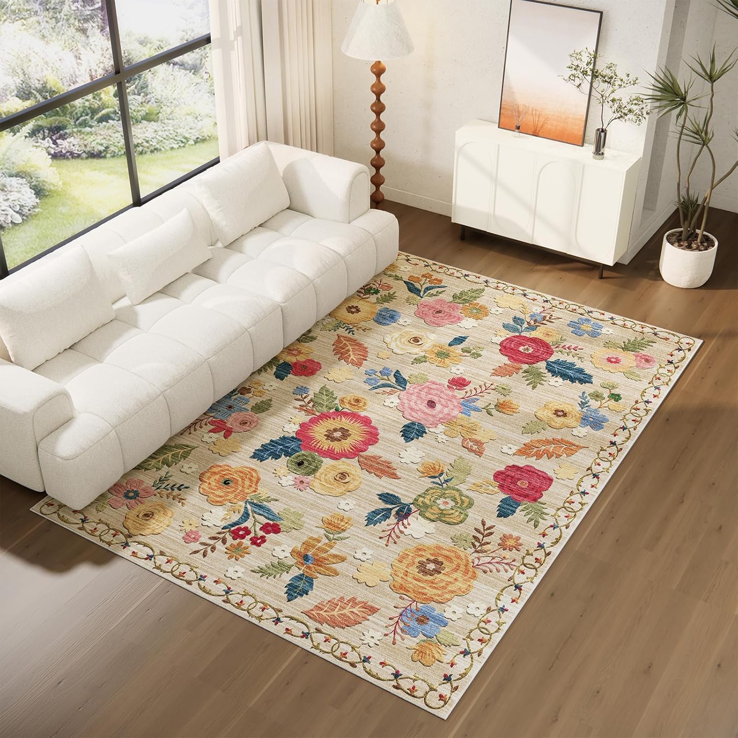 Thumbnail 5 de 8x10 Washable Distressed Floral Area Rug