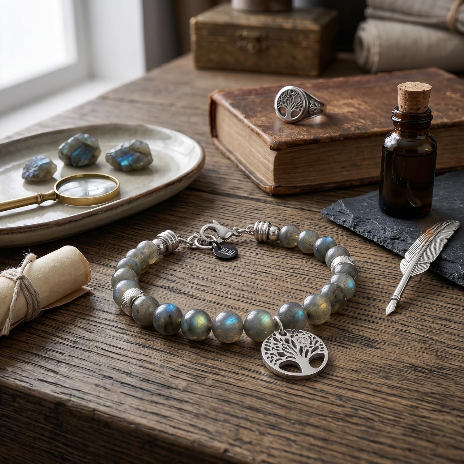 Detalle de 10:10 Bracciale Donna in Pietre Naturali 6mm con Albero della Vita, acciaio inossidabile e zircone - Regolabile