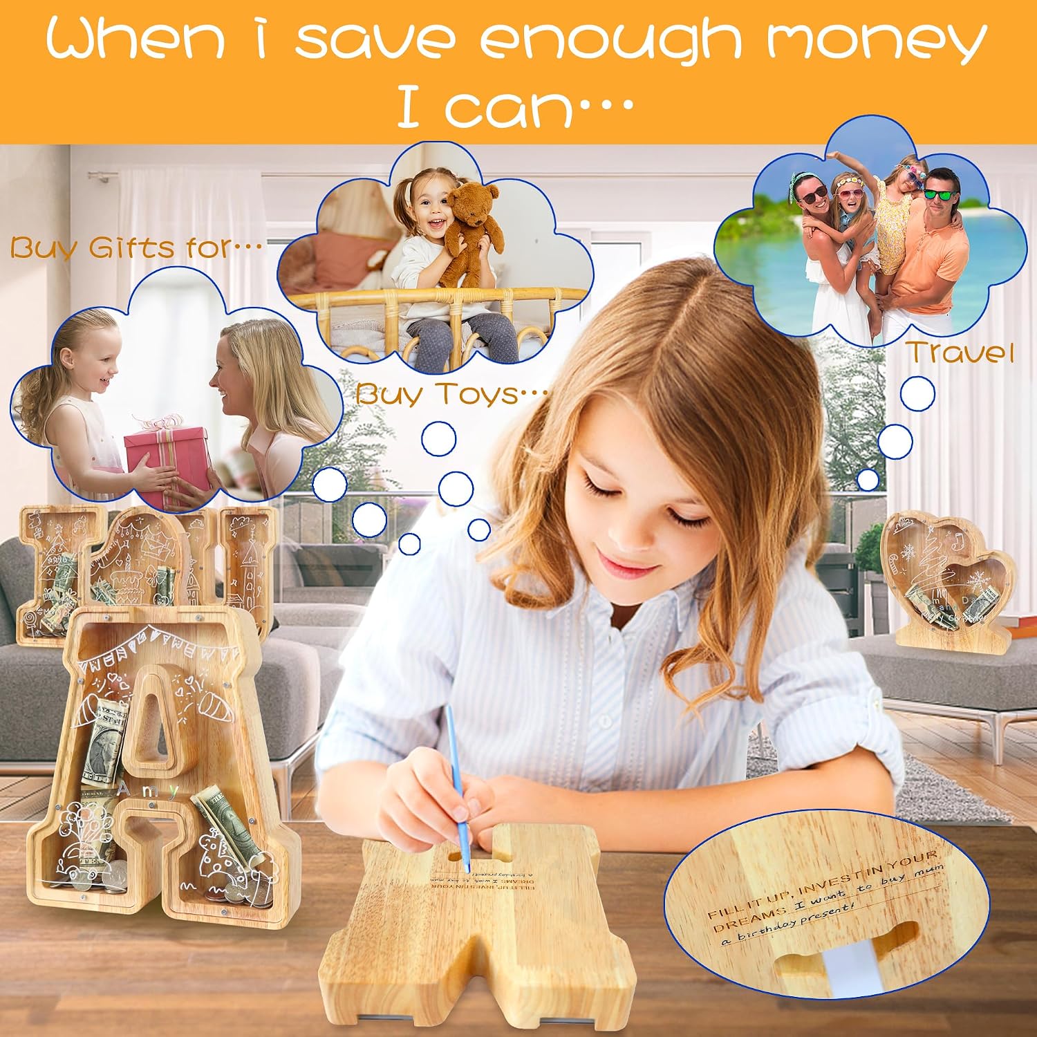 Detalle de Mikytoper Large Wooden Letter Money Box for Kids – Personalised A-Z Piggy Bank