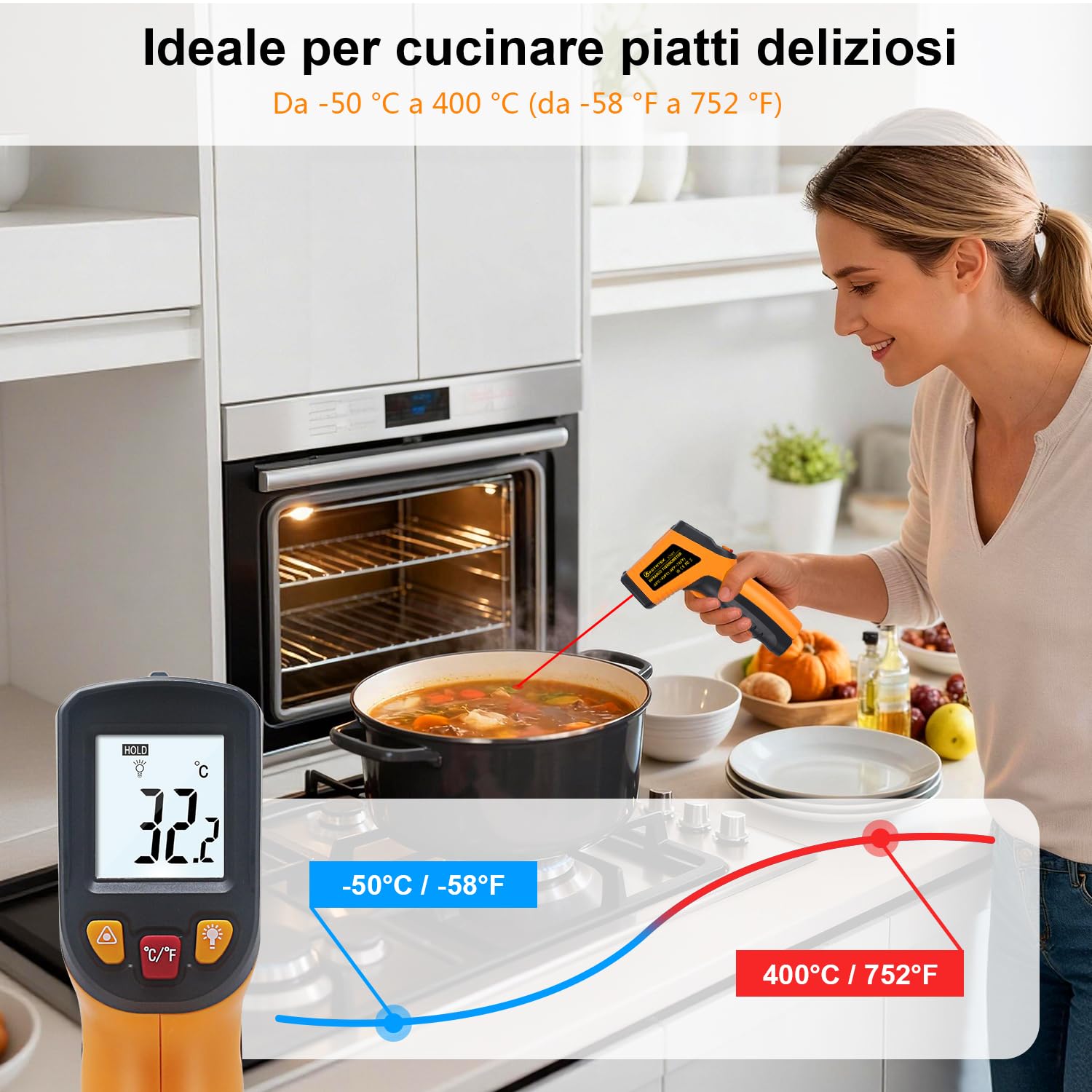 Thumbnail 1 de KETOTEK Termometro a infrarossi (pistola laser) per cucina e industria: range -50°C a 400°C