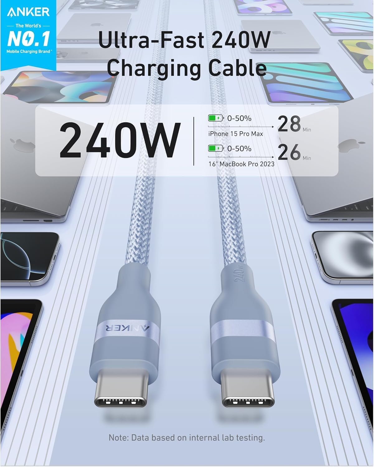 Detalle 2 de Anker Nano USB C Cable 240W, 6 ft braided cable