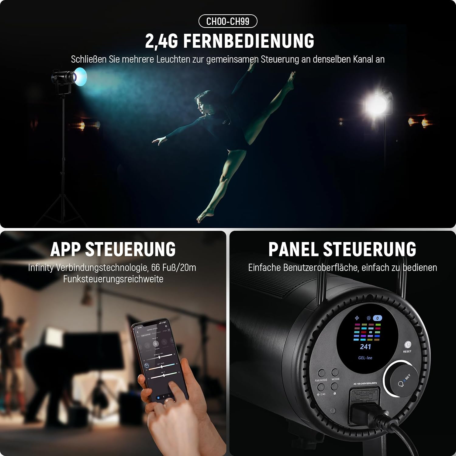 Detalle 2 de NEEWER CB200C 200W RGBWW COB LED Video Licht – Leises Dauerlicht mit APP-/2.4G-Steuerung, Bowens-Mount