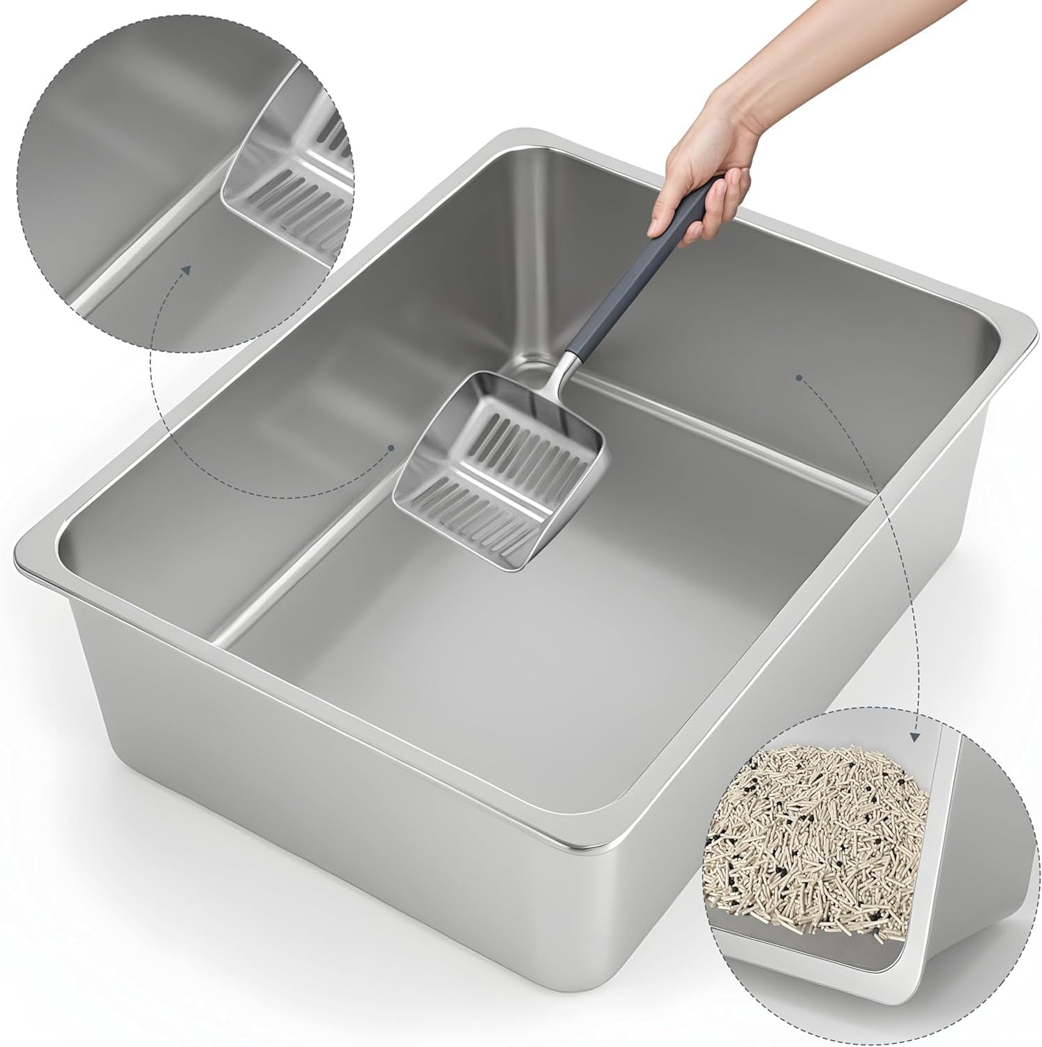 Detalle de Kirecoo Large High-Sided Stainless Steel Cat Litter Box, Open Top