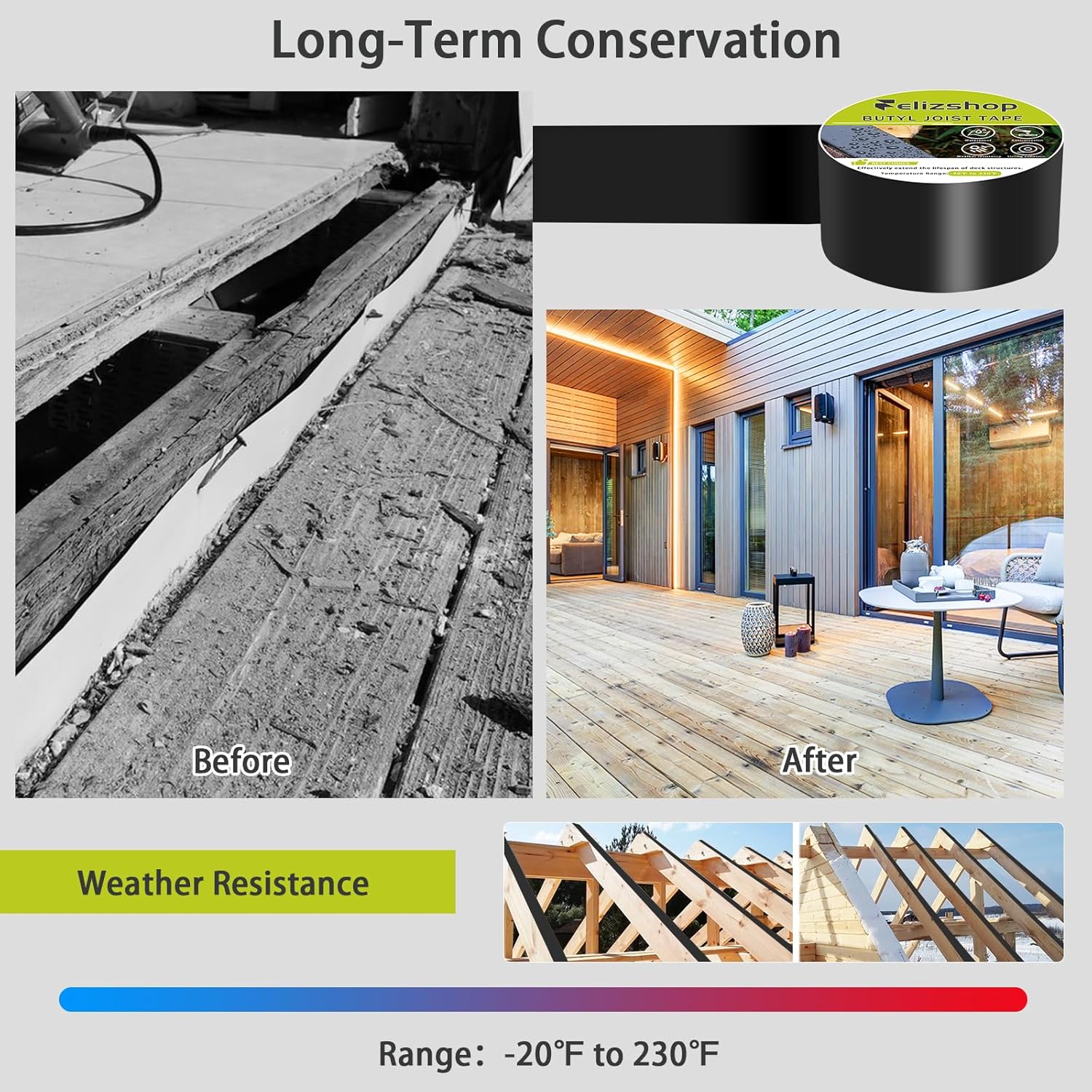 Thumbnail 5 de Joist Tape for Decking (1 5/8" x 50') Butyl Deck Joist Flashing Tape — Waterproof Anti-Corrosion, Self-Adhesive, 12 Rolls
