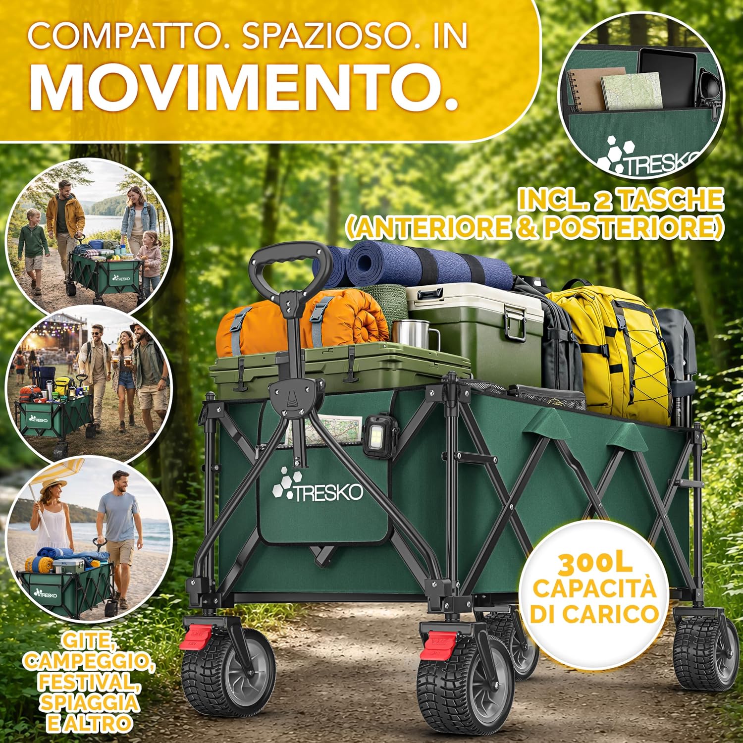 Detalle de TRESKO Carrello pieghevole 300 l con freno – capacità 150 kg, ruote extra large e pneumatici pieni