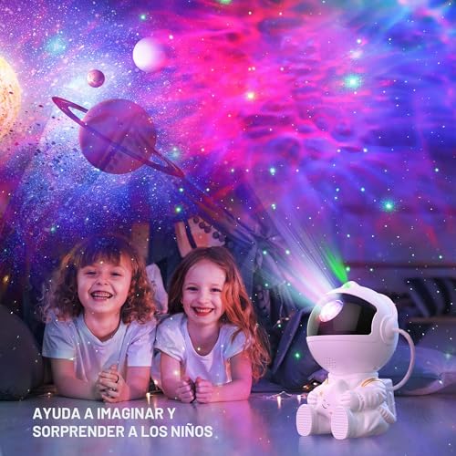 Detalle de Astronauta Proyector Galaxy de Macchiatto: Proyección 360° de galaxias y estrellas con 8 modos LED