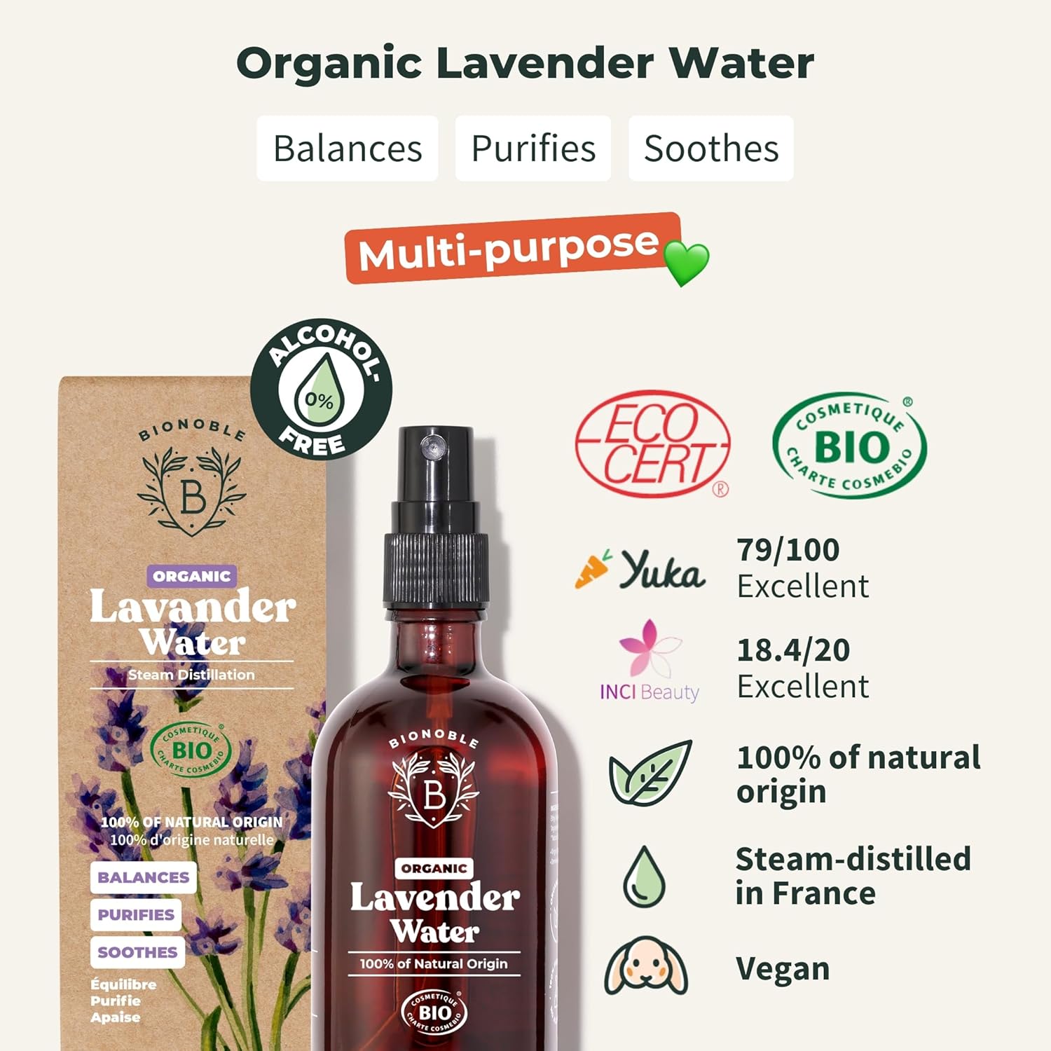 Thumbnail 1 de BIONOBLE Organic Lavender Water for Skin – 100ml Glass Spray