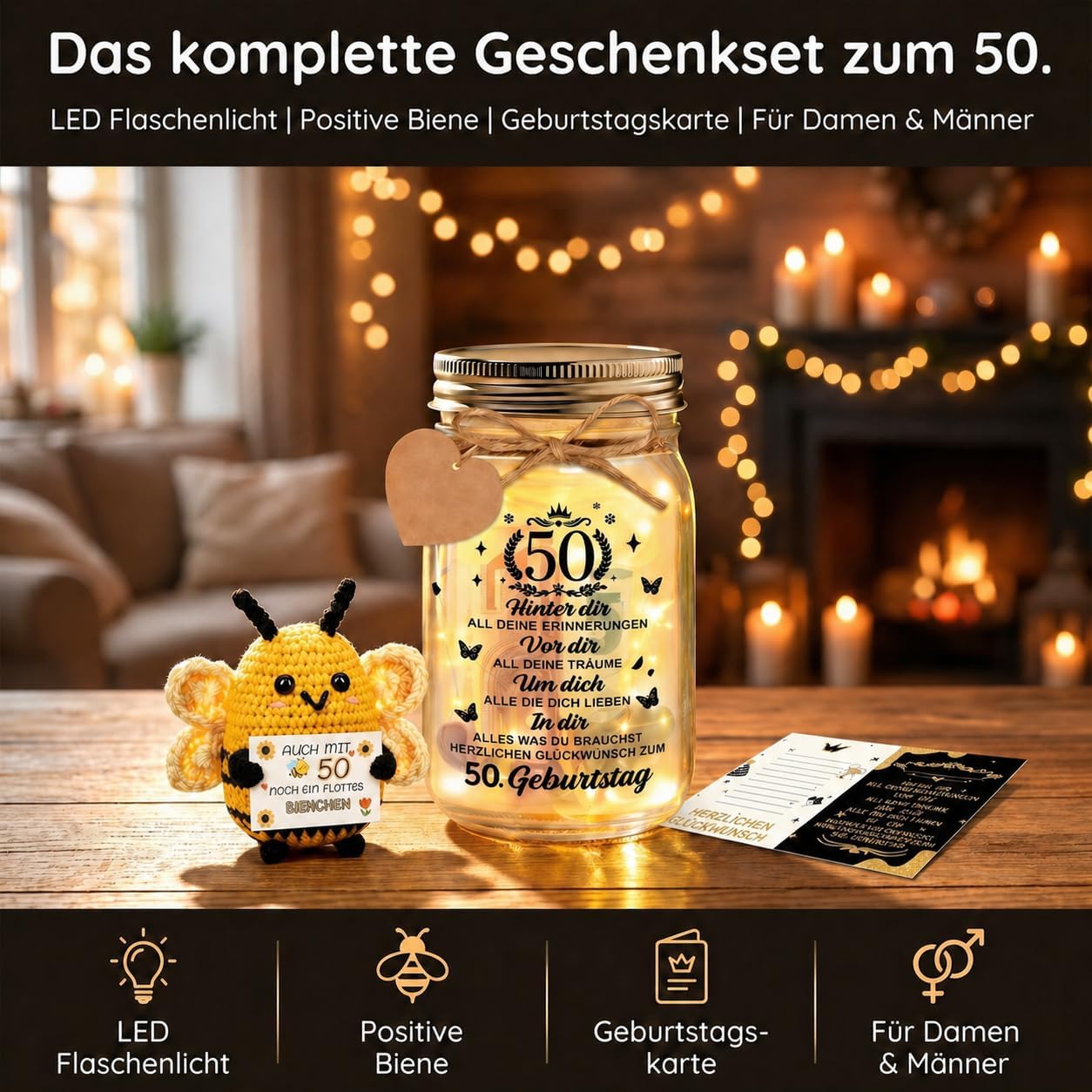 Thumbnail 3 de Johiux LED Flaschenlicht zum 50. Geburtstag mit Biene – Glücksbringer, Karte und Lichtdeko im Geschenketui