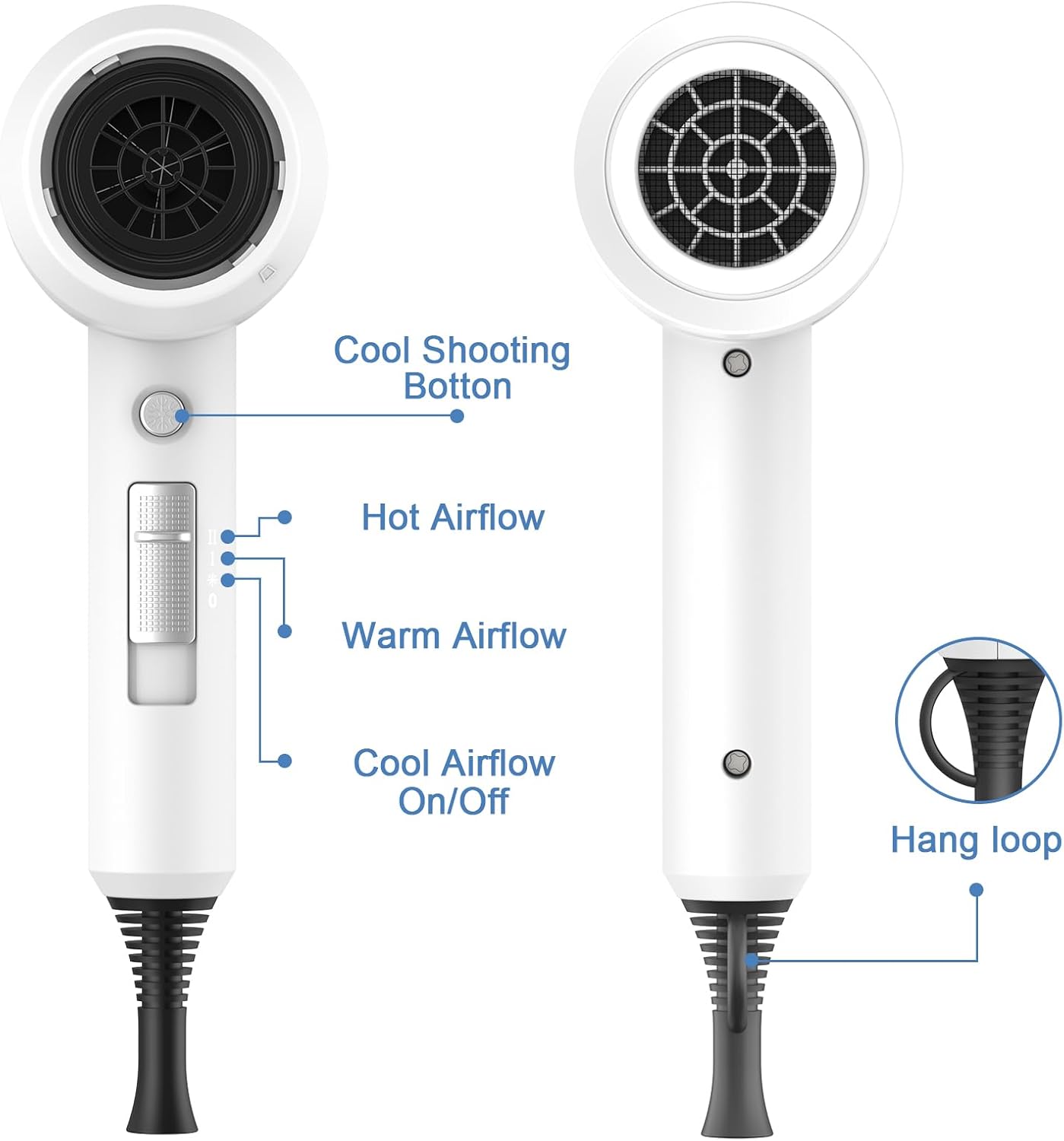 Detalle 2 de Slopehill Professional Ionic Hair Dryer (1800W) with 2 Concentrator Nozzles + Diffuser, White