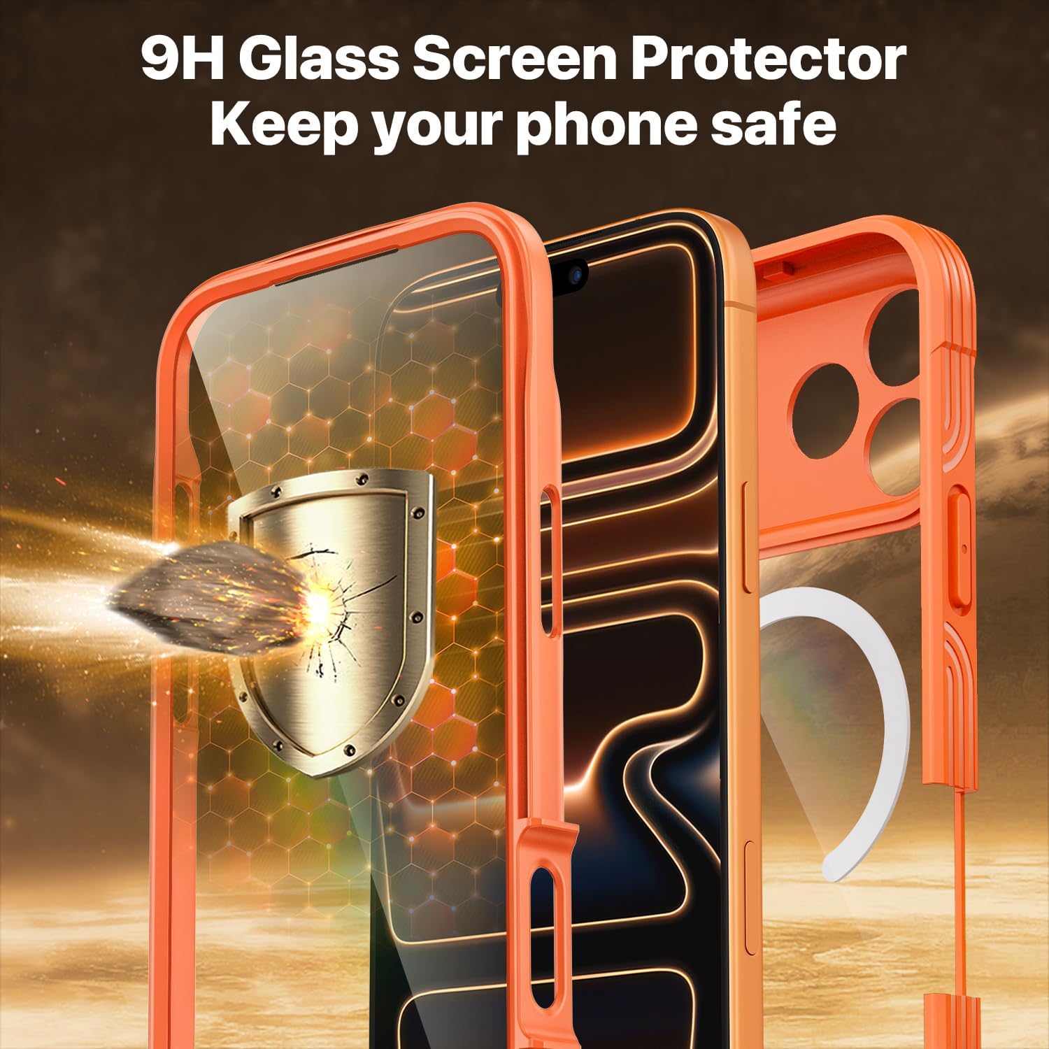 Thumbnail 2 de CENHUFO MagSafe case for iPhone 17 Pro Max with built-in 9H glass screen protector – Orange