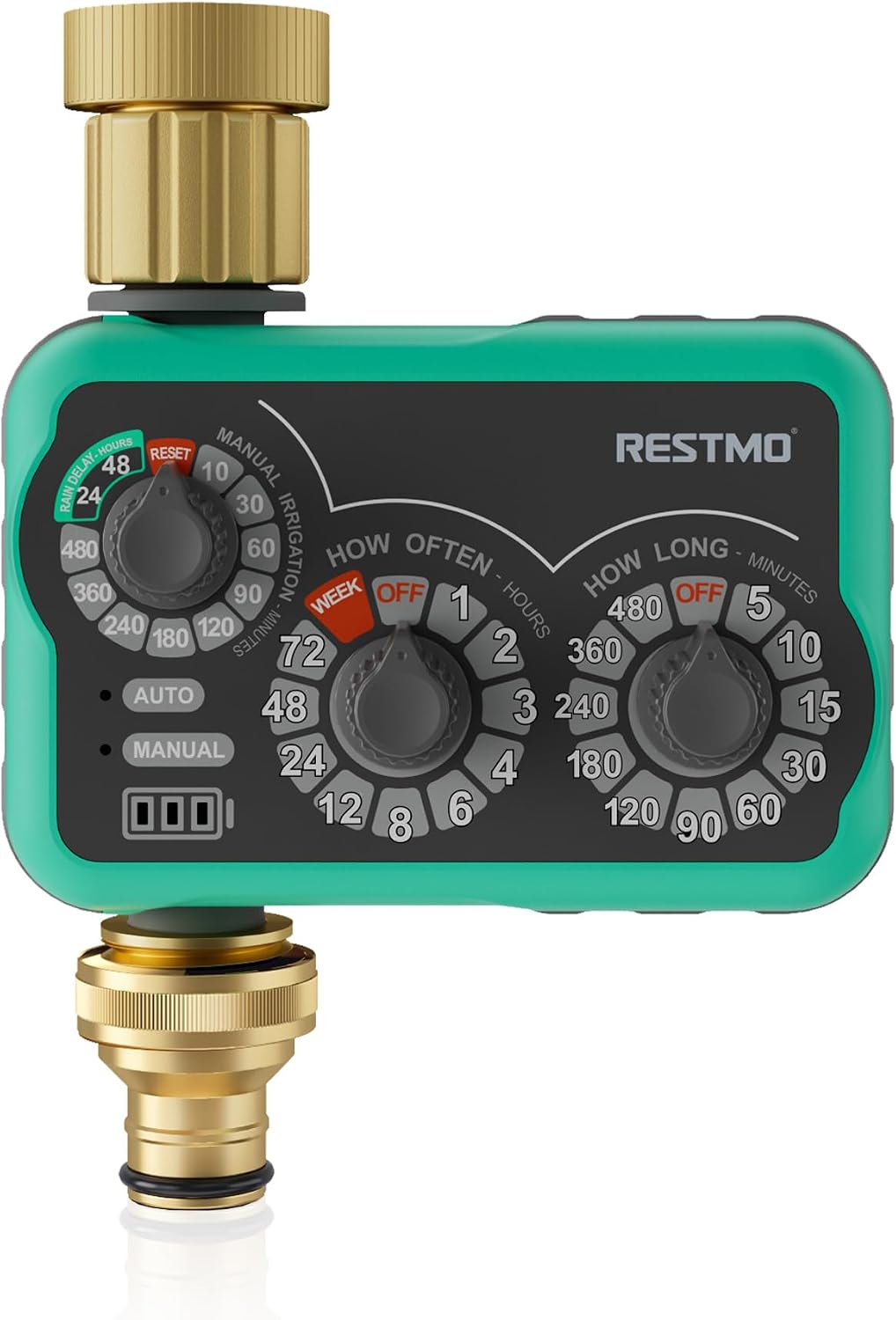 Detalle de Restmo 3-Dial Analog Water Timer with Brass Inlet & Outlet (480 Minutes Max)