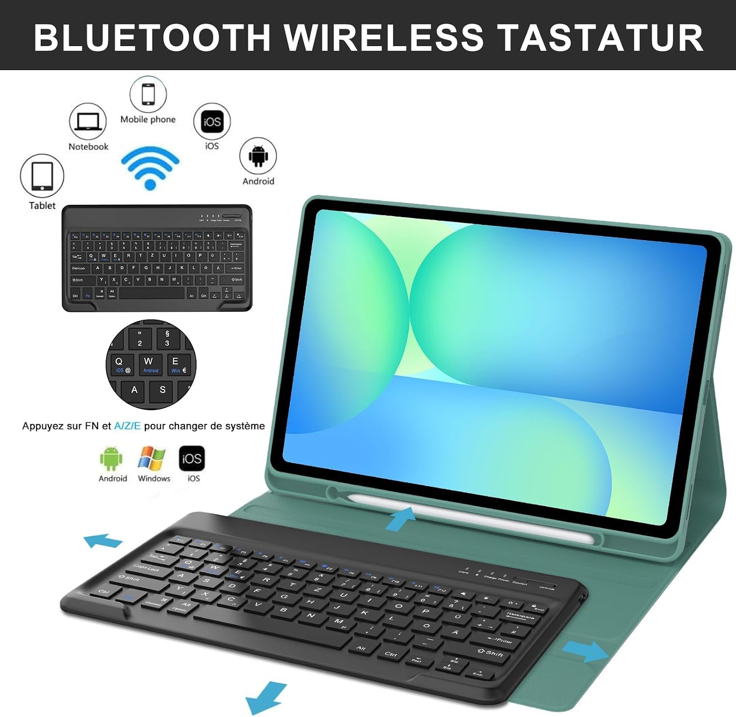 Detalle de WAVATA Tastaturhülle für Samsung Galaxy Tab S10 FE+ Plus 13,1 Zoll (2025) – magnetische, abnehmbare Bluetooth-Tastatur, QWERTZ, Dunkelgrün