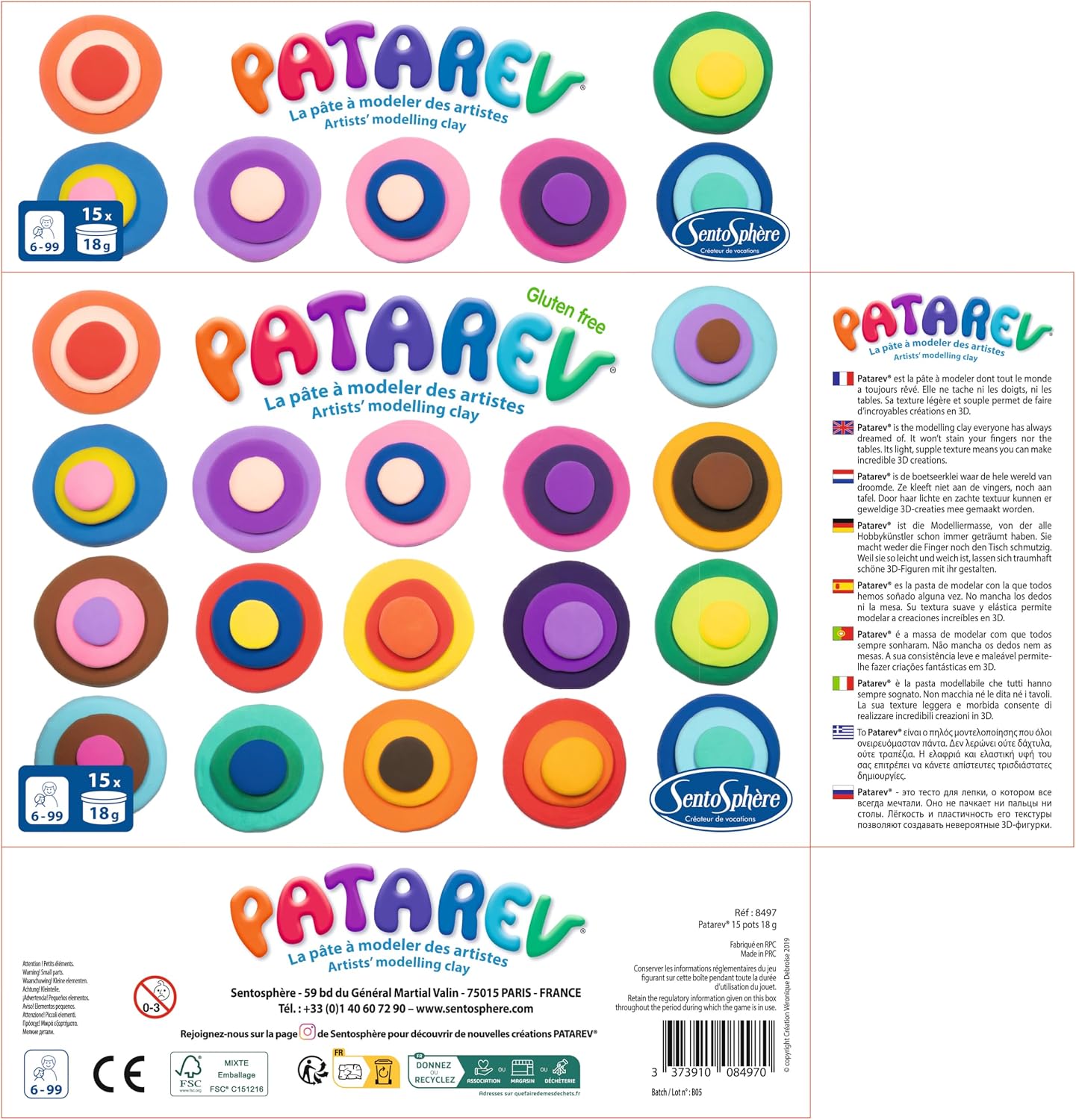Detalle de SentoSphère Patarev – Coffret de 15 pots de pâte à modeler autodurcissante (18 g) – Modèlage enfant dès 6 ans