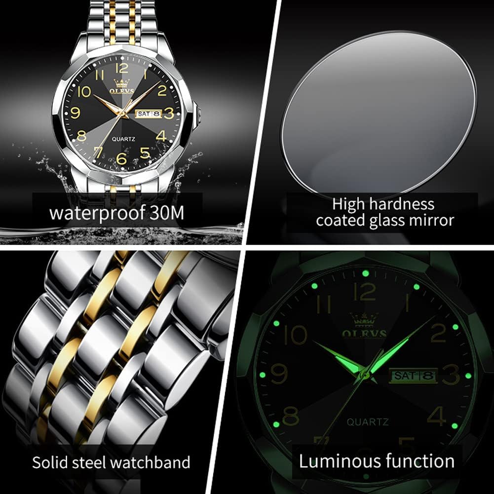 Detalle de OLEVS Herrenuhr in Gold/Silber – Business-Kleid Luxe mit Quarzwerk, leuchtendem Zifferblatt und 30 m Wasserschutz