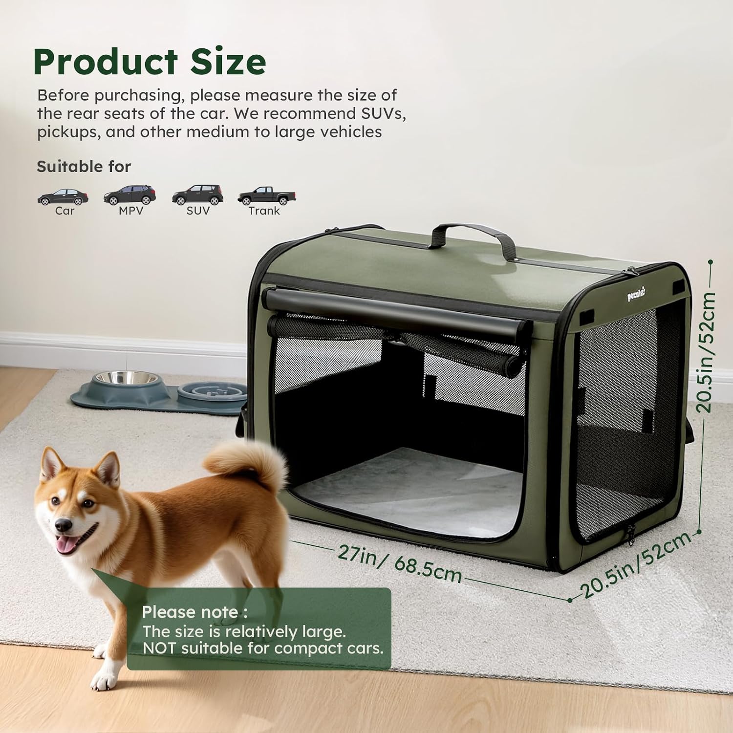 Detalle 2 de Pecute Large Dog Car Carrier Light Weight (68.5×52×52cm) with Breathable Windows