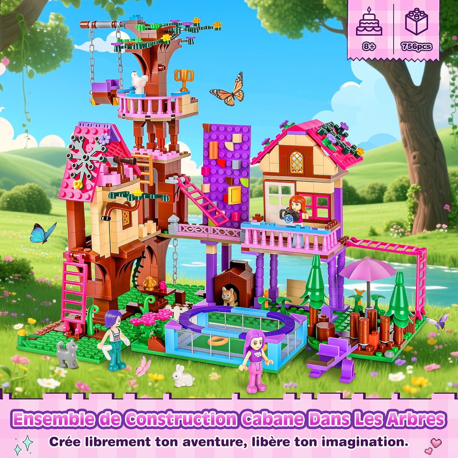 Detalle de Charmofun Ensemble de Construction Cabane dans les Arbres – 756 Pièces, Avec 3 Personnages et 4 Animaux