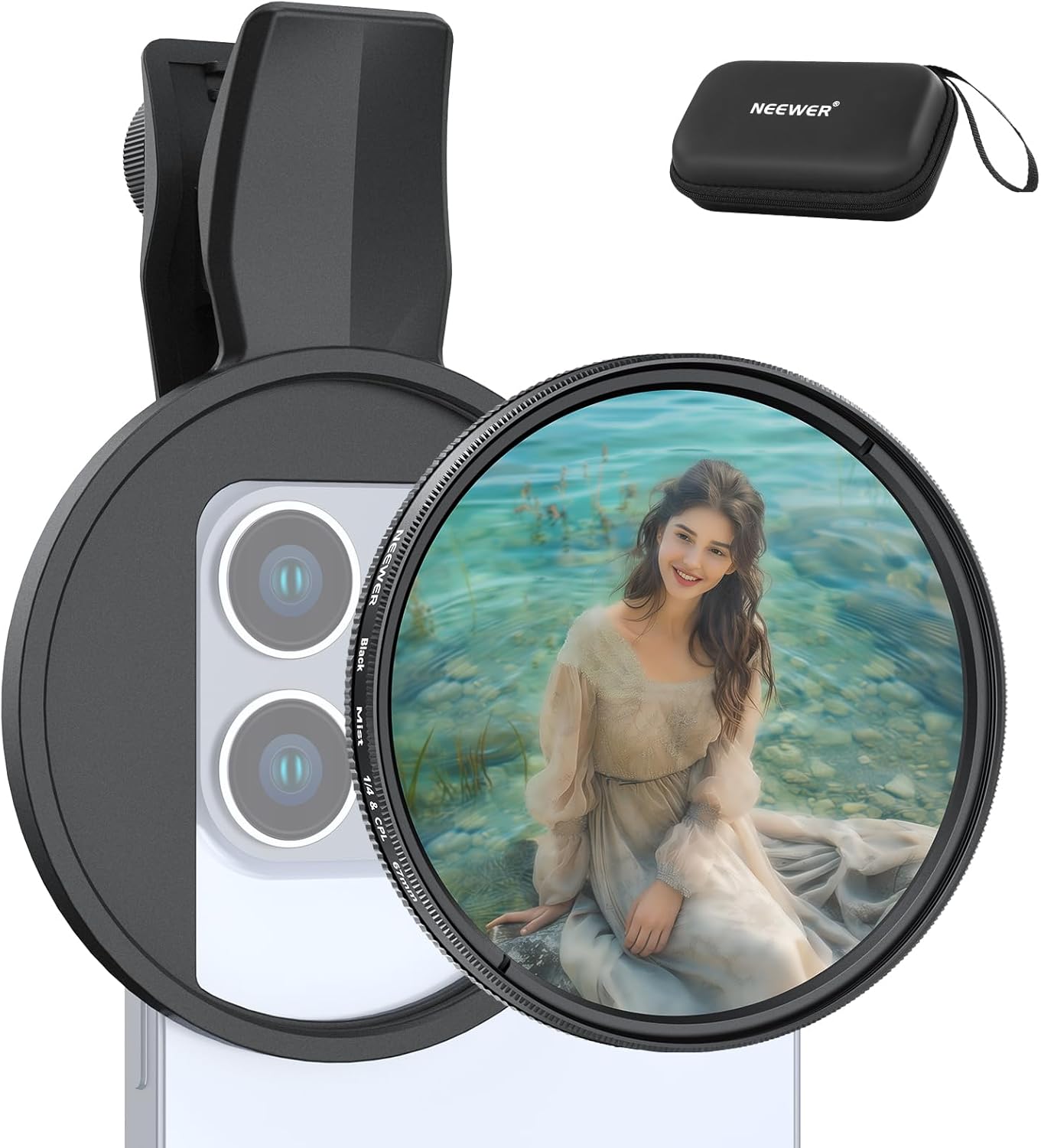 Detalle de NEEWER 2-in-1 67-mm Clip-On CPL & Black-Diffusion (FL-B35) – Smartphone-Filterset