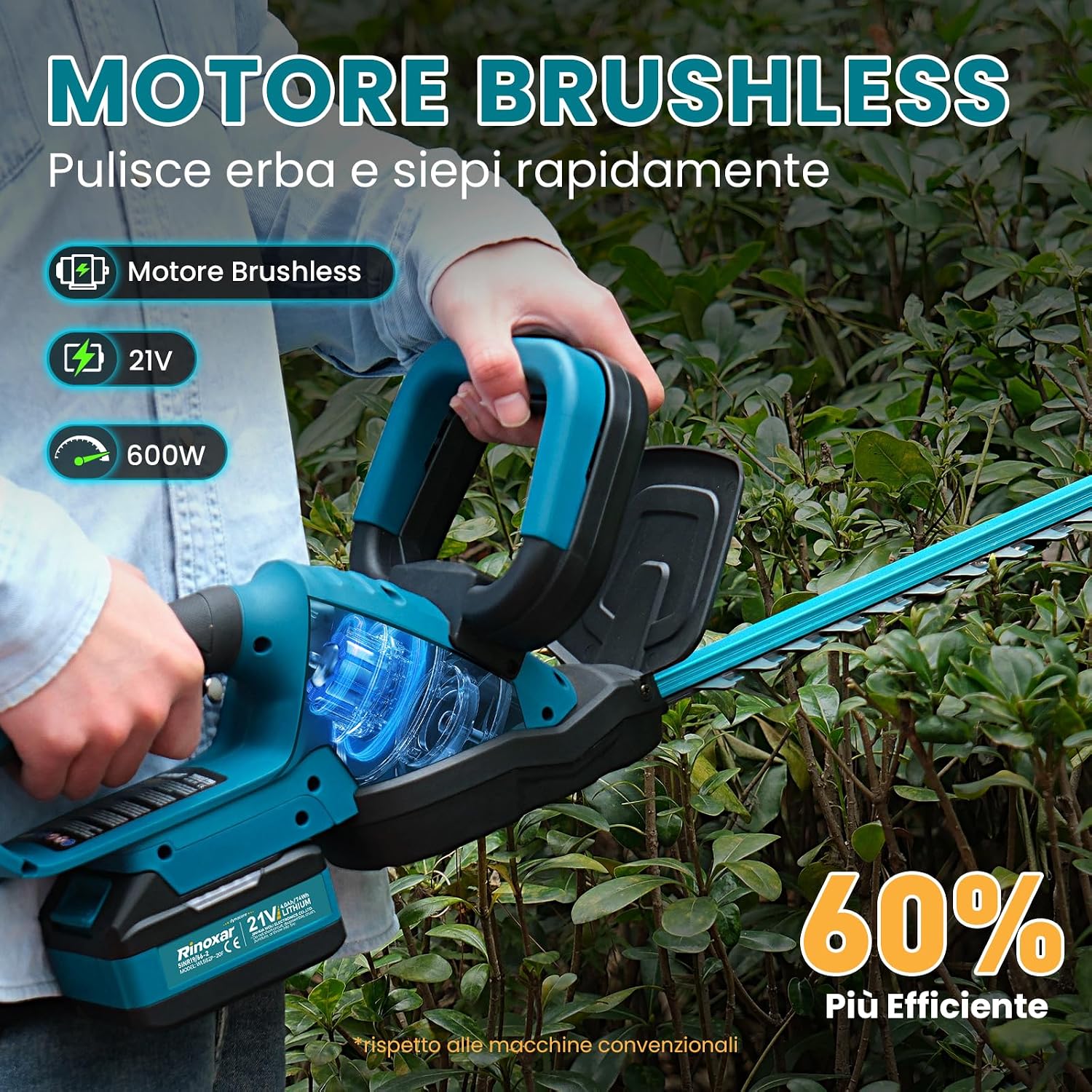 Detalle de Tagliasiepi a batteria con 2x 4000mAh – potenza brushless 600W, lama 52 cm, kit completo